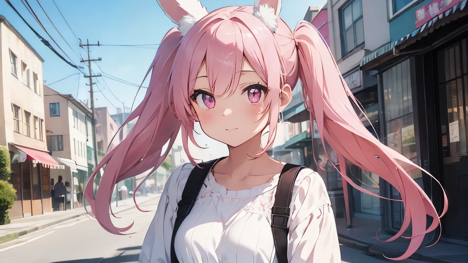 beautiful illustrations, highest quality, pretty girl, pastel colour, fluffy rabbit ears, pink long hair, light pink eyes,twin tails,street art