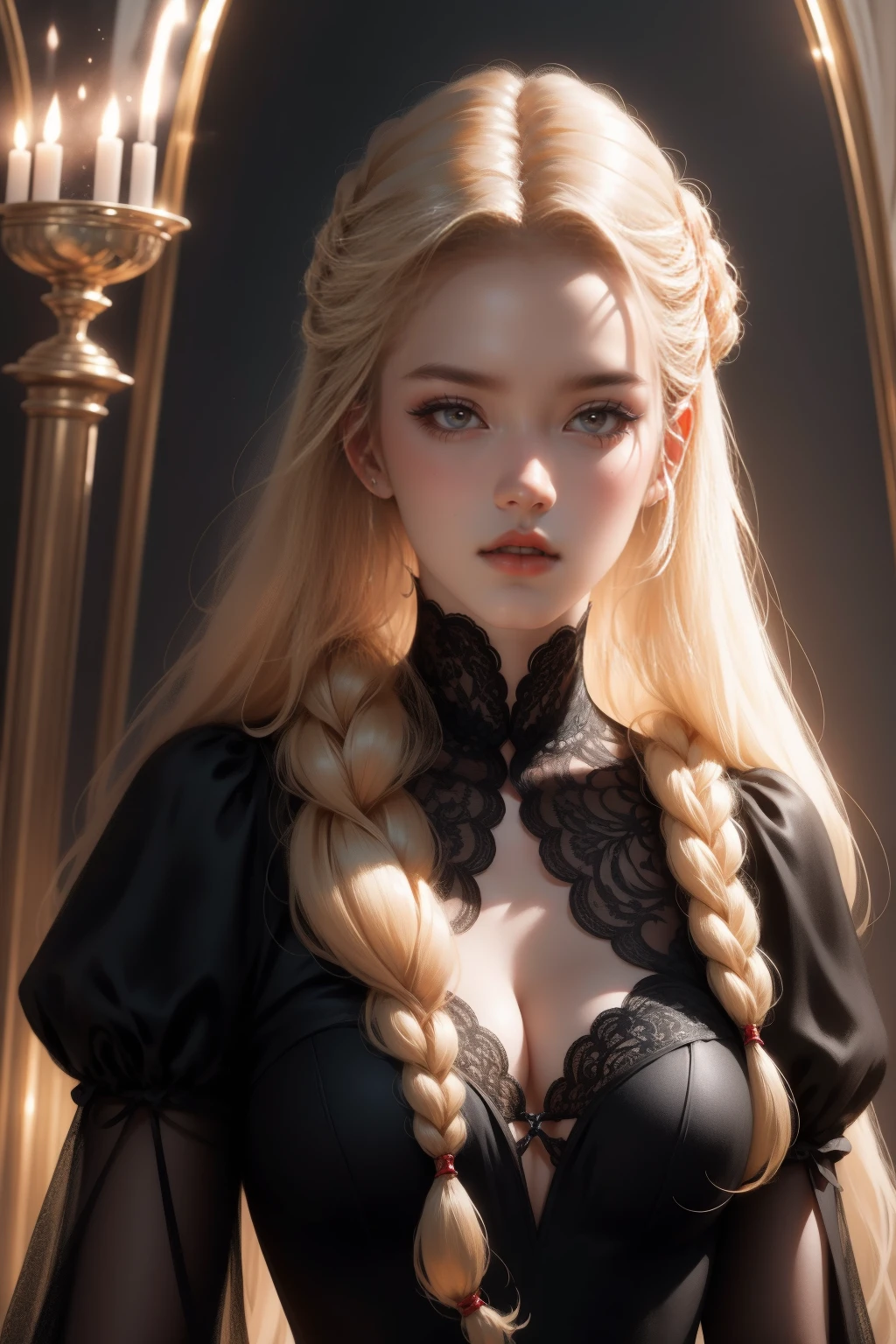 { - erro de anatomia}(Masterpiece - Ultra-Detailed, High Resolution) Prepare to be enchanted by a true masterpiece that combines ultra-detailed art with high-resolution rendering. This work shows a mesmerizing girl with long blonde hair (1.3) and captivating gray eyes (1.2), emanating an aura of elegance and mystery. The intricate details and realistic textures invite you to explore every aspect of this enchanting composition. Girl wearing classic Victorian costumes, black dress. Red lips (red lipstick) . backward, looking back, dynamic poses. Get ready to dive into a world where beauty and craftsmanship merge perfectly.