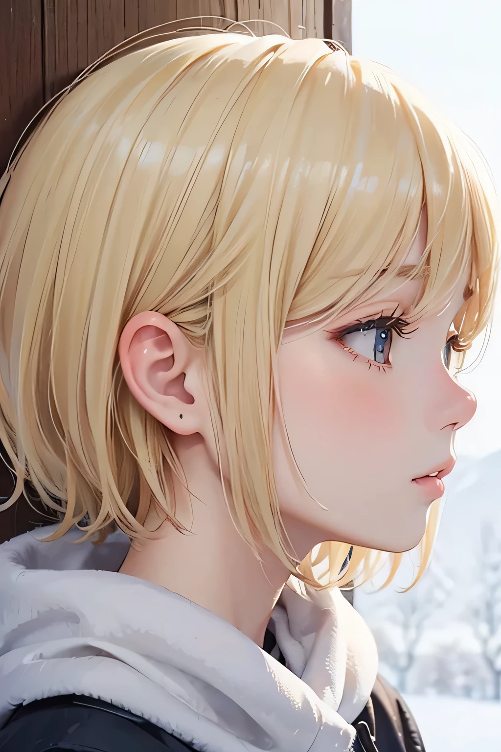 close up of face、blonde、short hair、girl１、profile、winter、snow、