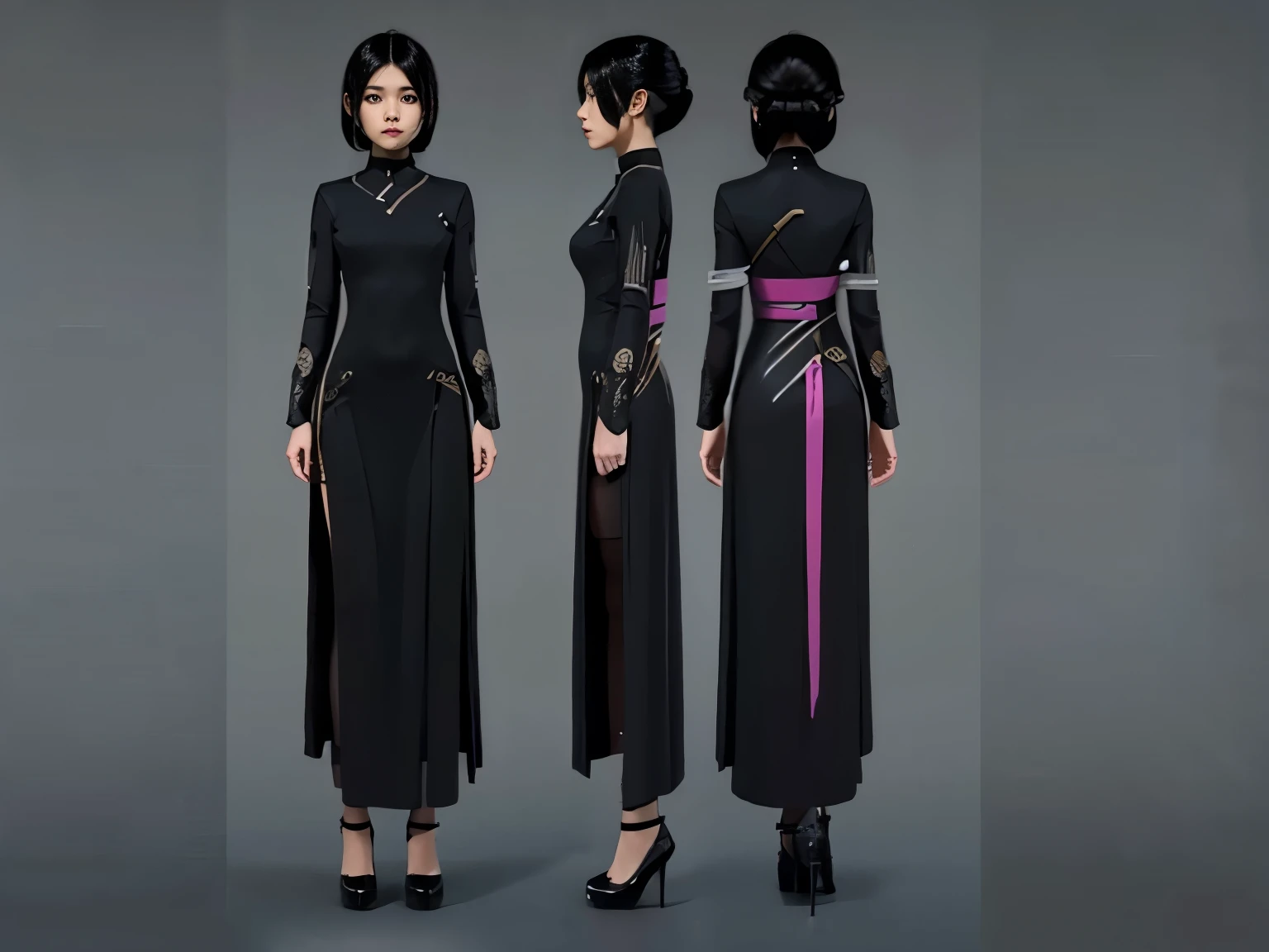 (character sheet),solo,A age girl , highlighted black hair, wearing a pretty dress ,line art , ,character sheet detailed,3 different angles, highly detailed body parts