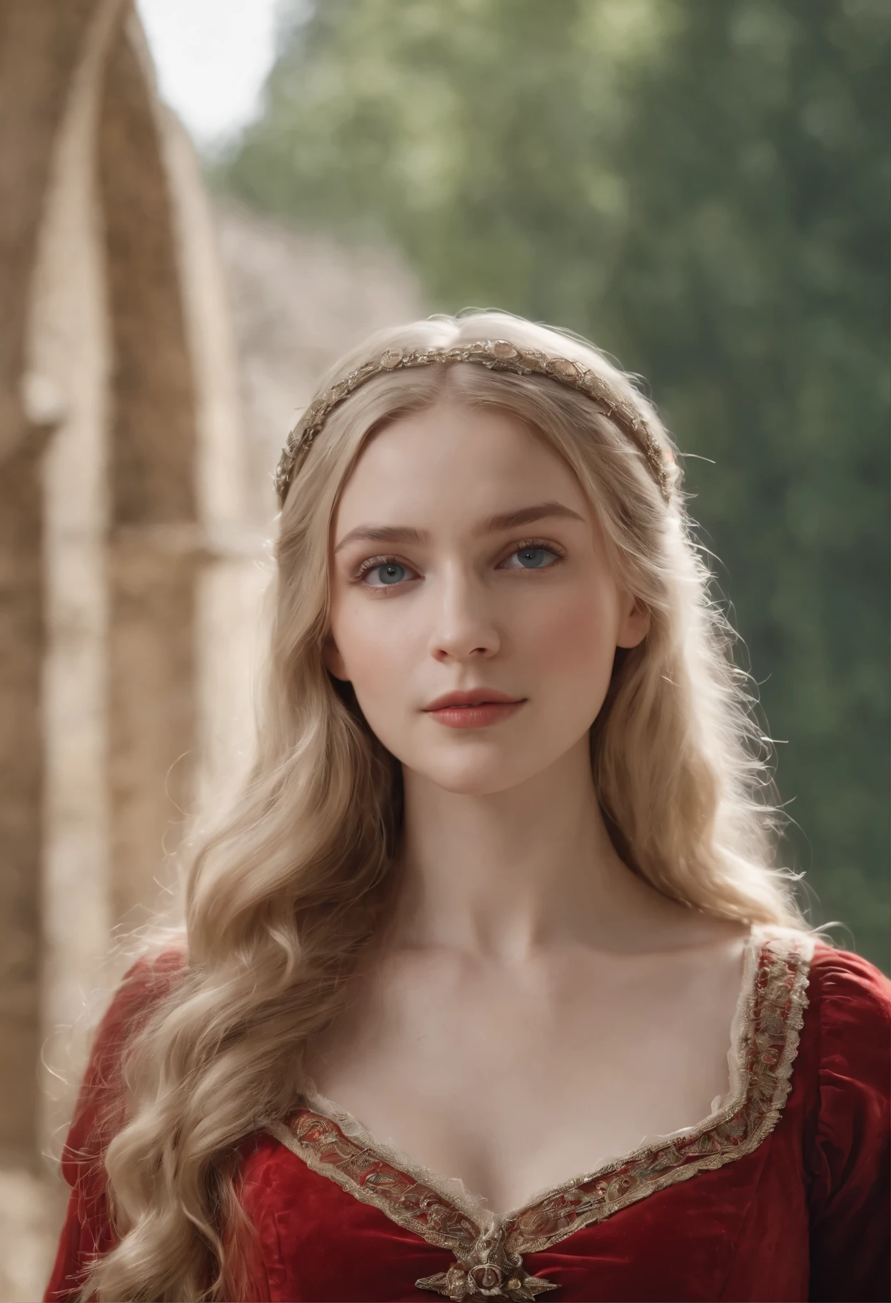 Medieval tall noble, 1 girl, 17 years old, dressing a red medieval dress, Very detailed, visage , natural wavy hair, blue eyes, light blonde hair High resolution, Masterpiece, Best quality, intricate high detail, highly detailed, sharp focus, detailed skin, realistic skin texture, texture, detailled eyes, professional, 4K, filmed on Canon, 85 mm, shallow depth of field, Couleur Kodak Vision, perfect fit body, Extremely detailed, photographier_\(ultra\), photoreallistic, Realstic, Post-traitement, maximum details, roughness, real life, ultra realist, photorealism, photographie, 8K UHD, photographie, medieval atmosphere, medieval arcteture, medieval manor, full body