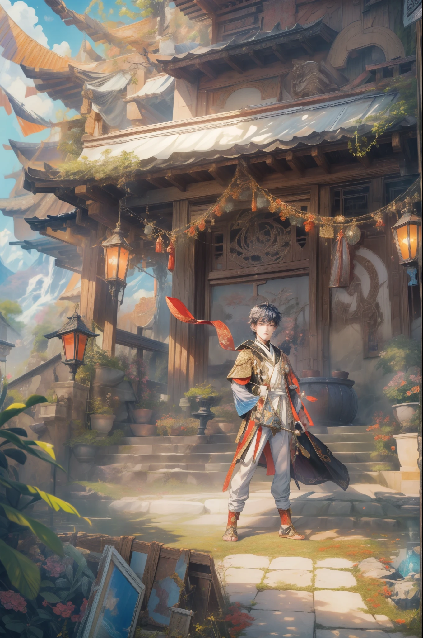 (absurdres, highres, ultra detailed, HDR), masterpiece, Intricate details,best quality picture of a character from Genshin Impact, manly face handsome teen boy with short Hair anime eyes, intricate details on face, brave look, in a detailed outside paradise sanctuary scenery, detailed character, art kenouji