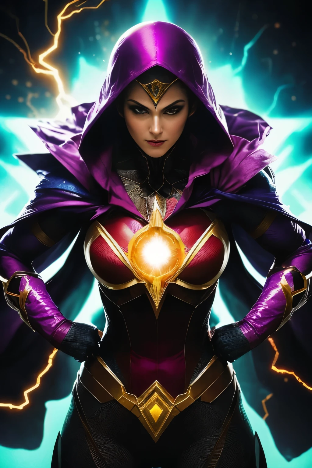 a woman in a black and gold outfit with a cape and red eyes, astri lohne, liliana vess, supervillain sorceress witch, style artgerm, in the style artgerm, samira from league of legends, artgerm comic, extremely detailed artgerm, maya ali as a lightning mage, cloaked, villainess