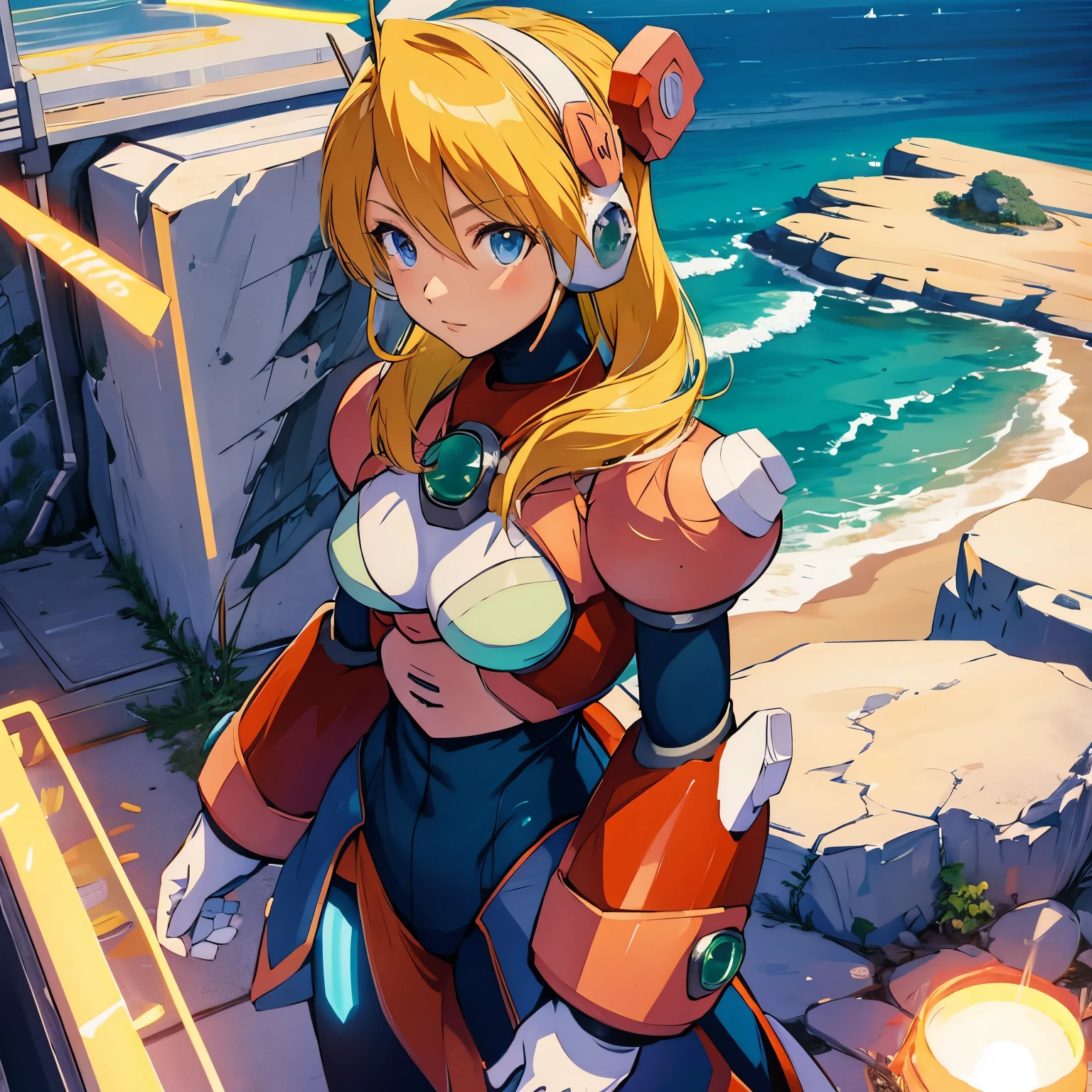 alia_megamanx, 1girl, solo, breasts, blue eyes, blonde hair, android, long hair, robot ears, overlooking the ocean on the edge of a rock, in the style of avian-themed, realistic yet stylized, villagecore, azure, orange and azure, dragoncore, aerial view