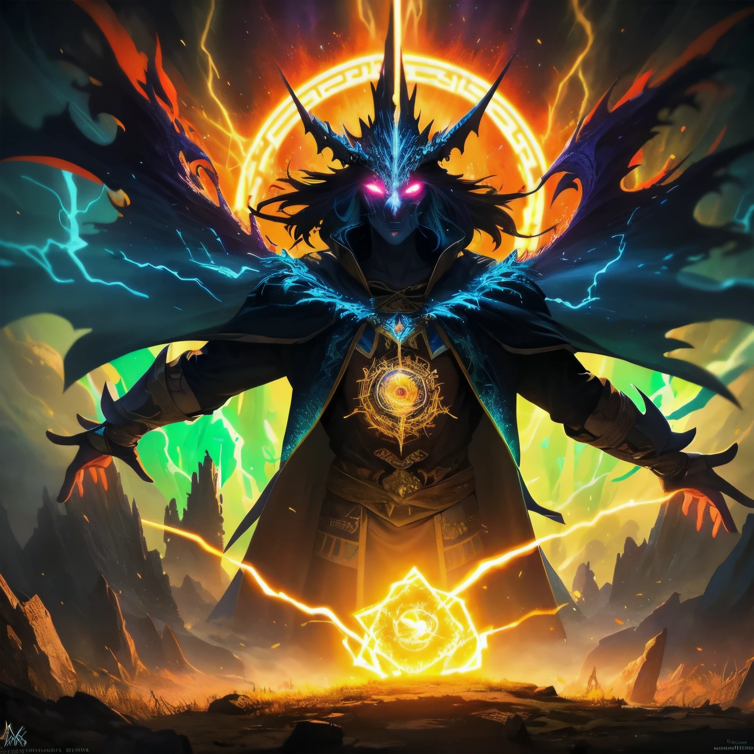 wizard with raised wand, powerful, mystical, casting a spell with lightning, surrounded by magical energy, vibrant colors, intense lightning bolts, dramatic lighting, glowing eyes, flowing robe, ancient symbol, mystical aura, enchanted forest backdrop, fantasy art style, surreal atmosphere, dynamic composition, detailed magical effects, high-res masterpiece:1.2