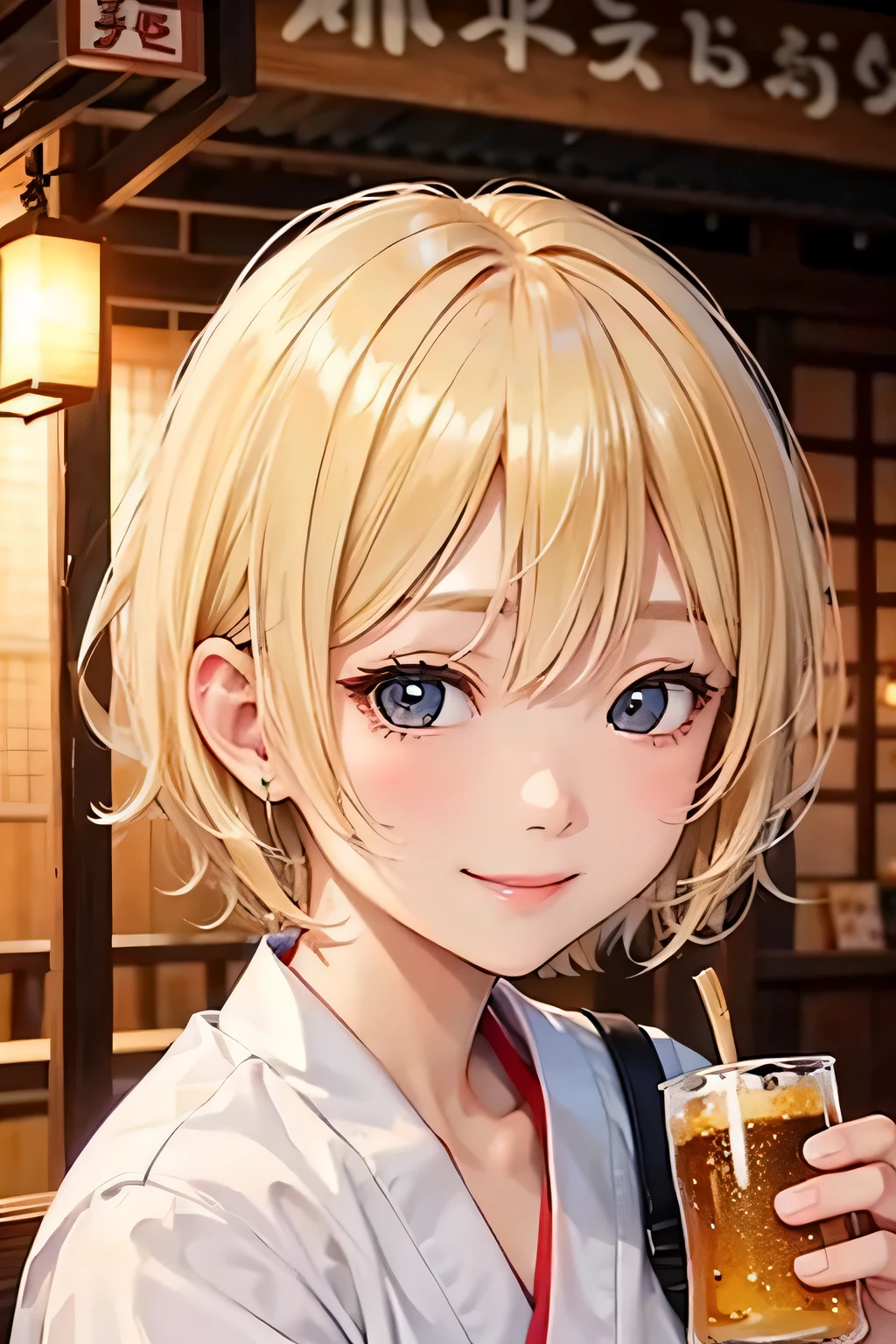 close up of face、blonde、short hair、girl1、Izakaya、Beer 、smile