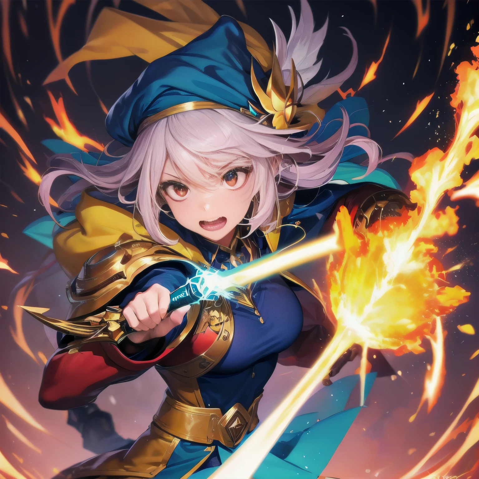 wizard with wand raised, energizing with a large electrical blast.