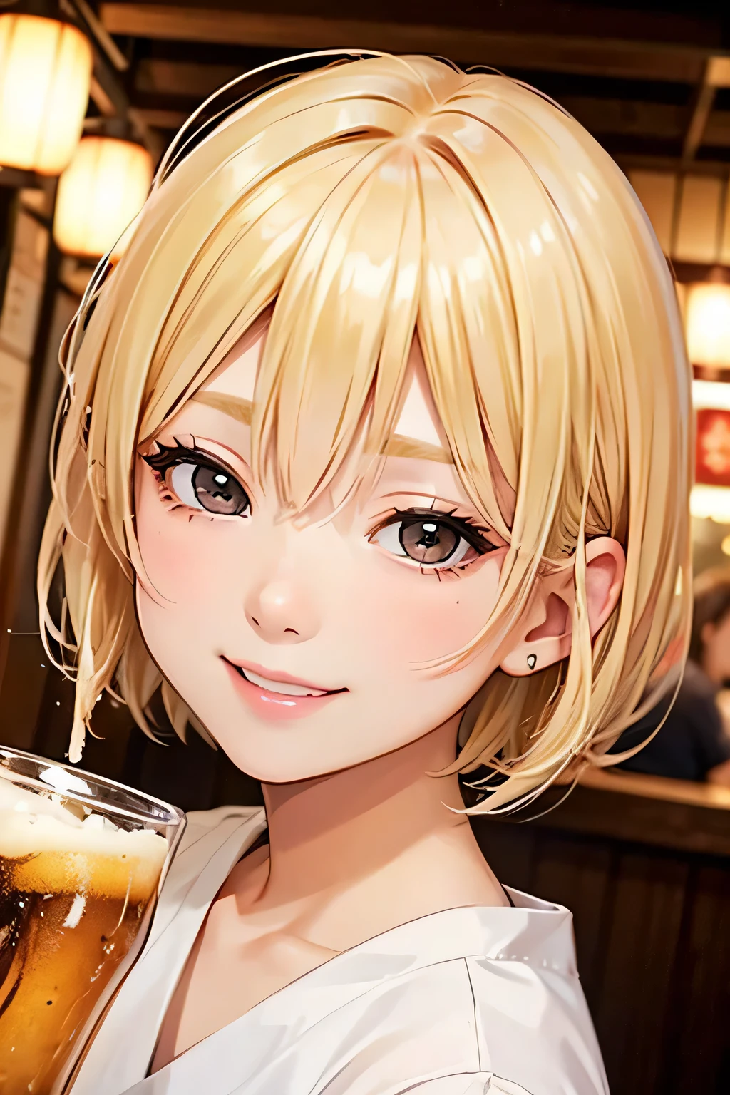 close up of face、blonde、short hair、girl１、Izakaya、Beer  、smile
