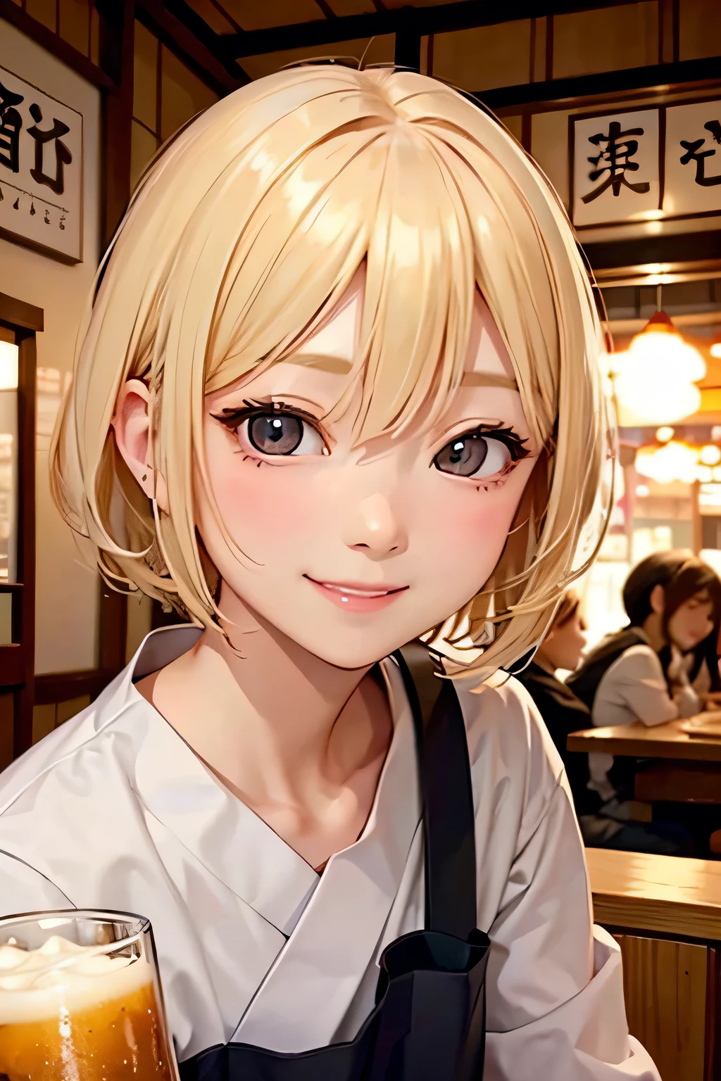 close up of face、blonde、short hair、girl1、Izakaya、Beer 、smile