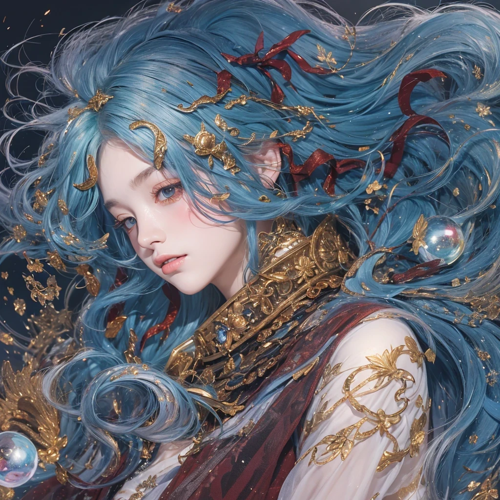 黄 blue colors，enamel，agate，A flesh-colored world，Blood Blue Maiden 32k（masterpiece，HD，Aoyama Pond，Ultra high quality，32k）long flowing bright blue hair，blood pool，Ziddink， a color，Grumpy （After greeting）， （Linen scarf）， fighting stance， looking at the ground， long white hair， Floating bright blue， Fire cloud gold headdress， Chinese long-sleeved gold silk burgundy garment， （Abstract metaverse splash：1.2）， White background，Peony flower vitality protector（realistically：1.4），bright purple hair，Smoke on the road，The background is very pure， high resolution， detail， RAW photos， Sharp Re， Nikon D850 film photo by Jefferies Lee 4 Kodak Portra 400 camera F1.6 guns, colorful, Ultra-realistic and vivid textures, dramatic lighting, Unreal Engine Art Station Trend, Sinest 800，一个有着long flowing bright blue hair的女孩，huge colorful bubbles