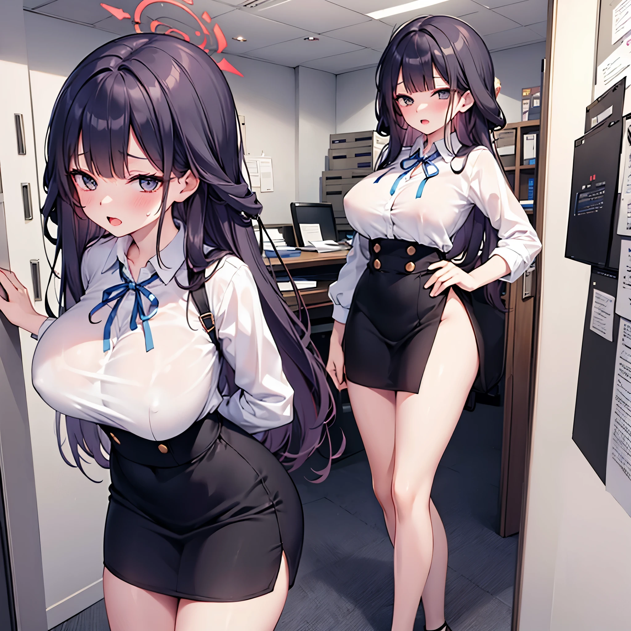 (blue archives Aru:1.5), (standing in office alone), (solo), BREAK, skinny, bending back, tiptoe, BREAK, (huge breasts), narrow waist, short torso, (skinny long legs), BREAK, sheer white blouse, neck ribbon, black very short tight-fit high-waist skirt, highheels, BREAK nose blush, open mouth, flustering