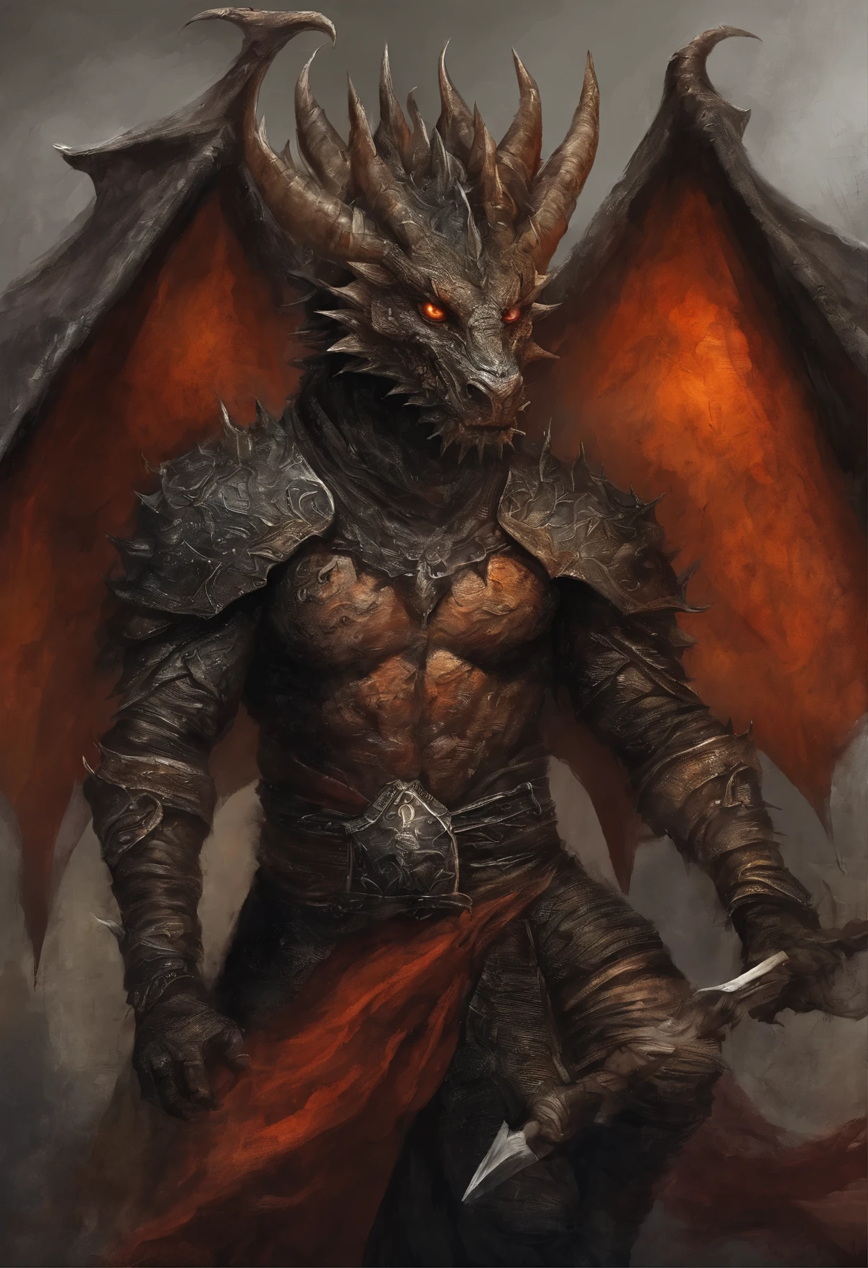 Dragon Man, black cuernos, cabello rojo, fondo medieval, ojos naranjas, pair of black cuernos, un hombre, cuernos observando directamente la camara con ojos de odio