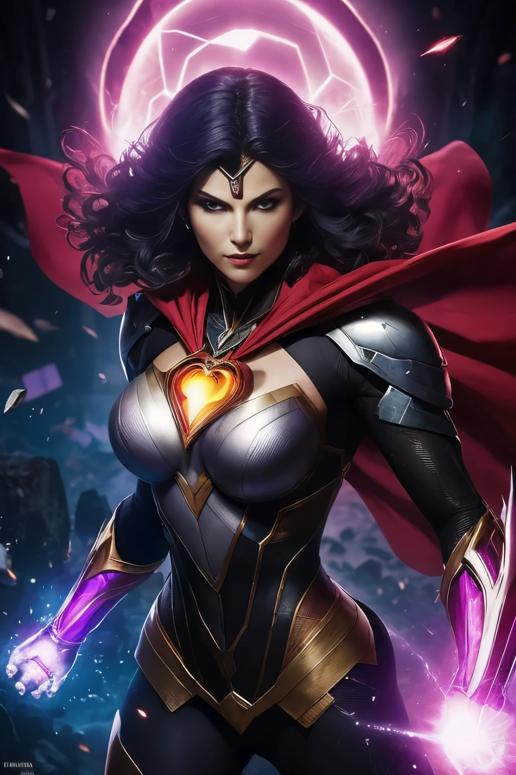 (papel de parede 8k extremamente detalhado), An average necromancer photo of a corrupted superheroine, intrincado, alto detalhe, Dramatic
