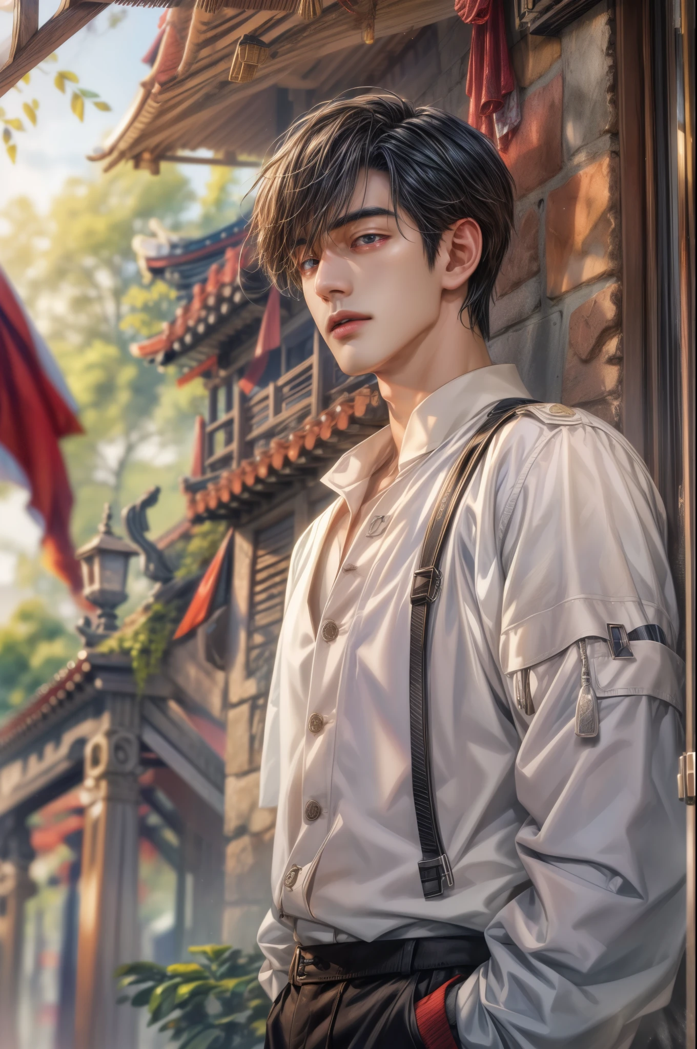 (absurdres, highres, ultra detailed, HDR), masterpiece, best quality, Netflix series Singles Inferno character, handsome young boy, short hair, korean handsome face, anime eyes, detailed scenery of a private resort, detailed character