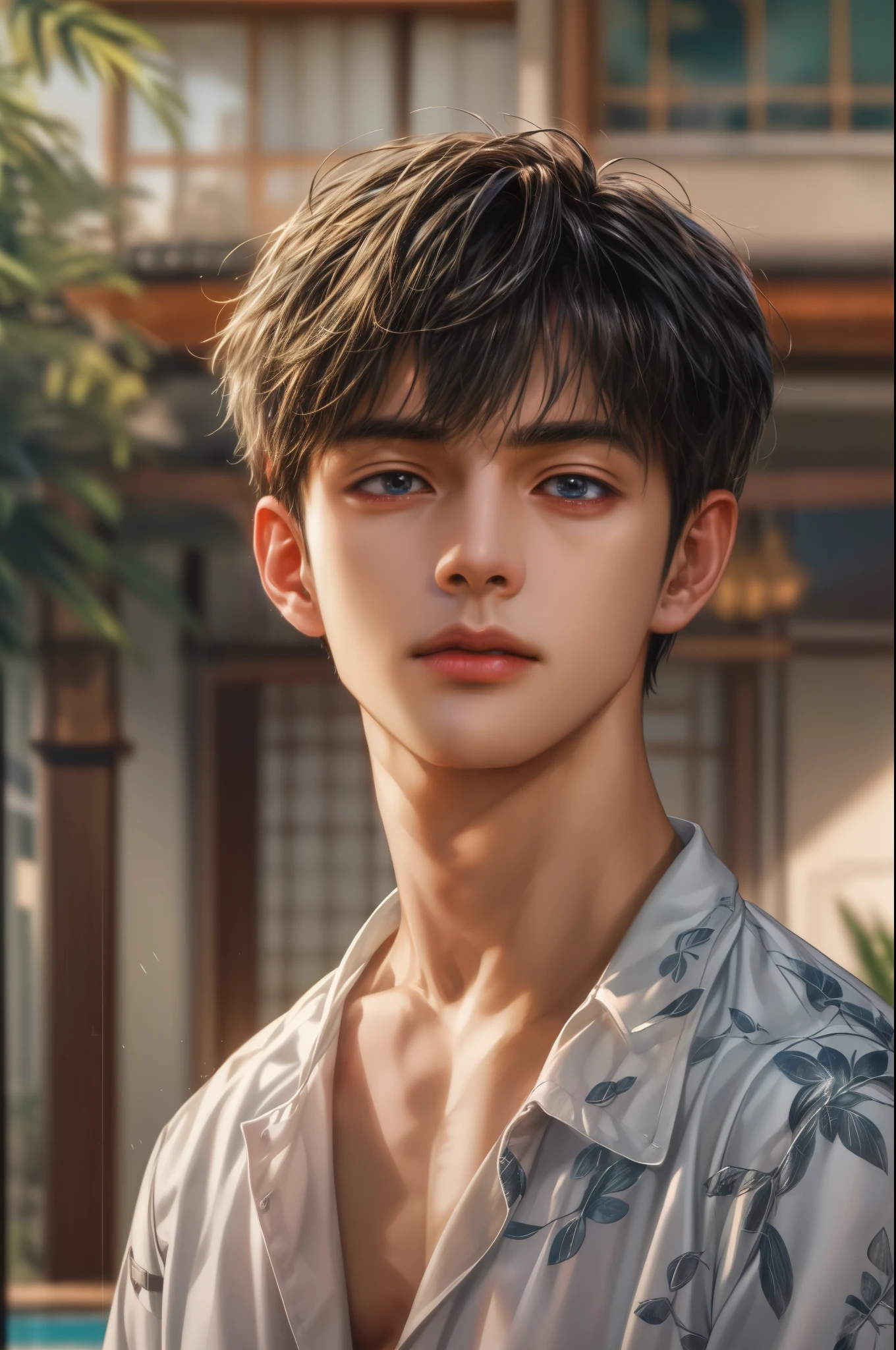 (absurdres, highres, ultra detailed, HDR), masterpiece, best quality, Netflix series Singles Inferno character, handsome young boy, short hair, korean handsome face, anime eyes, detailed scenery of a private resort, detailed character