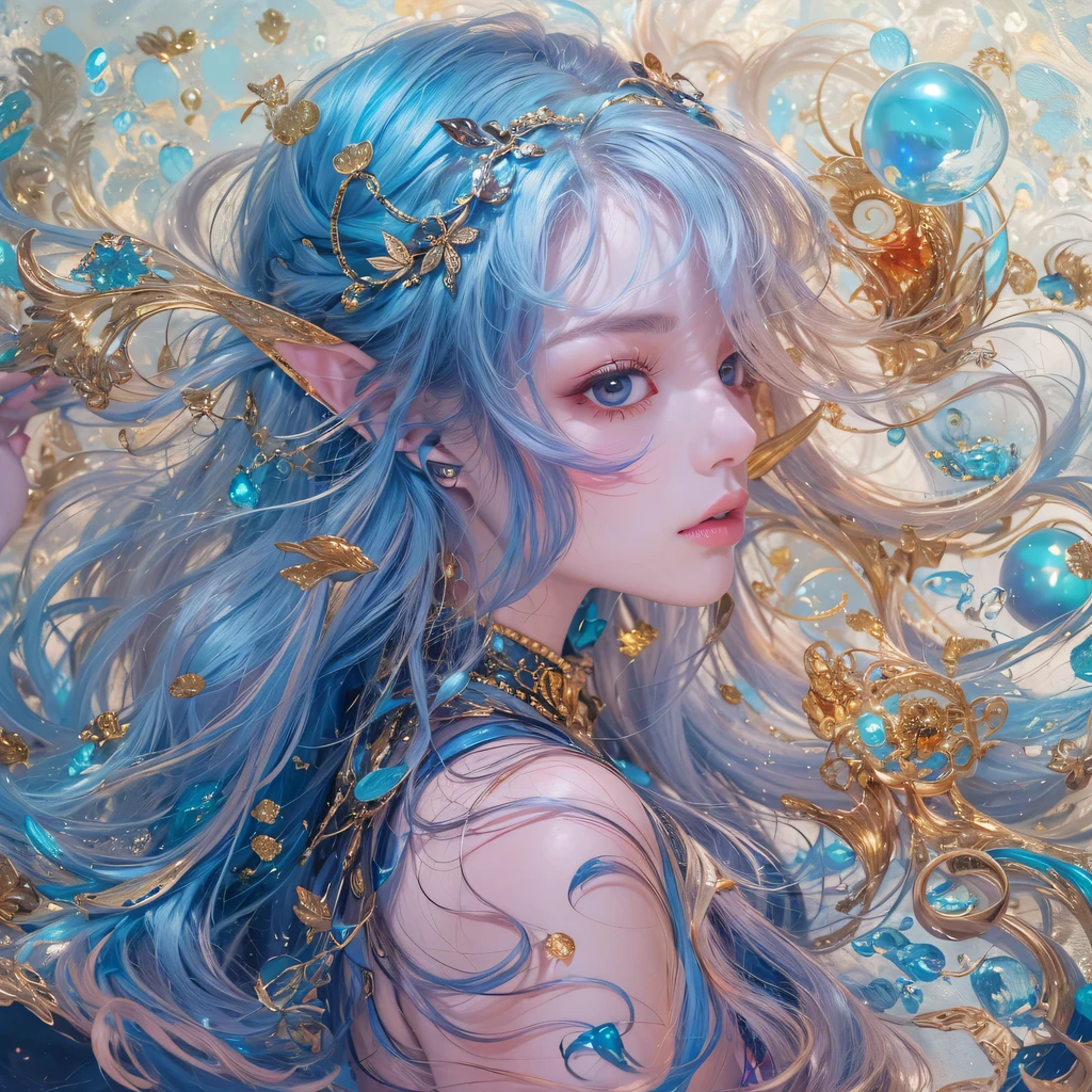 黄 blue colors,enamel,agate,A flesh-colored world,Blood Blue Maiden 32k(masterpiece,HD,Aoyama Pond,Ultra high quality,32k)long flowing bright blue hair,blood pool,Ziddink, a color,Grumpy (After greeting), (Linen scarf), fighting stance, looking at the ground, long white hair, Floating bright blue, Fire cloud gold headdress, Chinese long-sleeved gold silk burgundy garment, (Abstract metaverse splash:1.2), White background,Peony flower vitality protector(realistically:1.4),bright purple hair,Smoke on the road,The background is very pure, high resolution, detail, RAW photos, Sharp Re, Nikon D850 film photo by Jefferies Lee 4 Kodak Portra 400 camera F1.6 guns, colorful, Ultra-realistic and vivid textures, dramatic lighting, Unreal Engine Art Station Trend, Sinest 800,一个有着long flowing bright blue hair的女孩,huge colorful bubbles