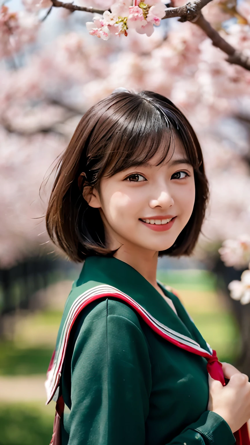 (((beautiful japanese high school girl))) 、1 person、short hair、(((At the cherry blossom trees in bloom)))、doing a sexy pose、(((Revealing red sailor suit)))、(((Glamour)))、((smile))、photorealistic、With a clearer image、beautiful detailed eyes、hyper realism、high contrast、Ultra HD、realistic skin texture、Highest image quality、highest quality、ultra high resolution、Finely detailed、very carefully