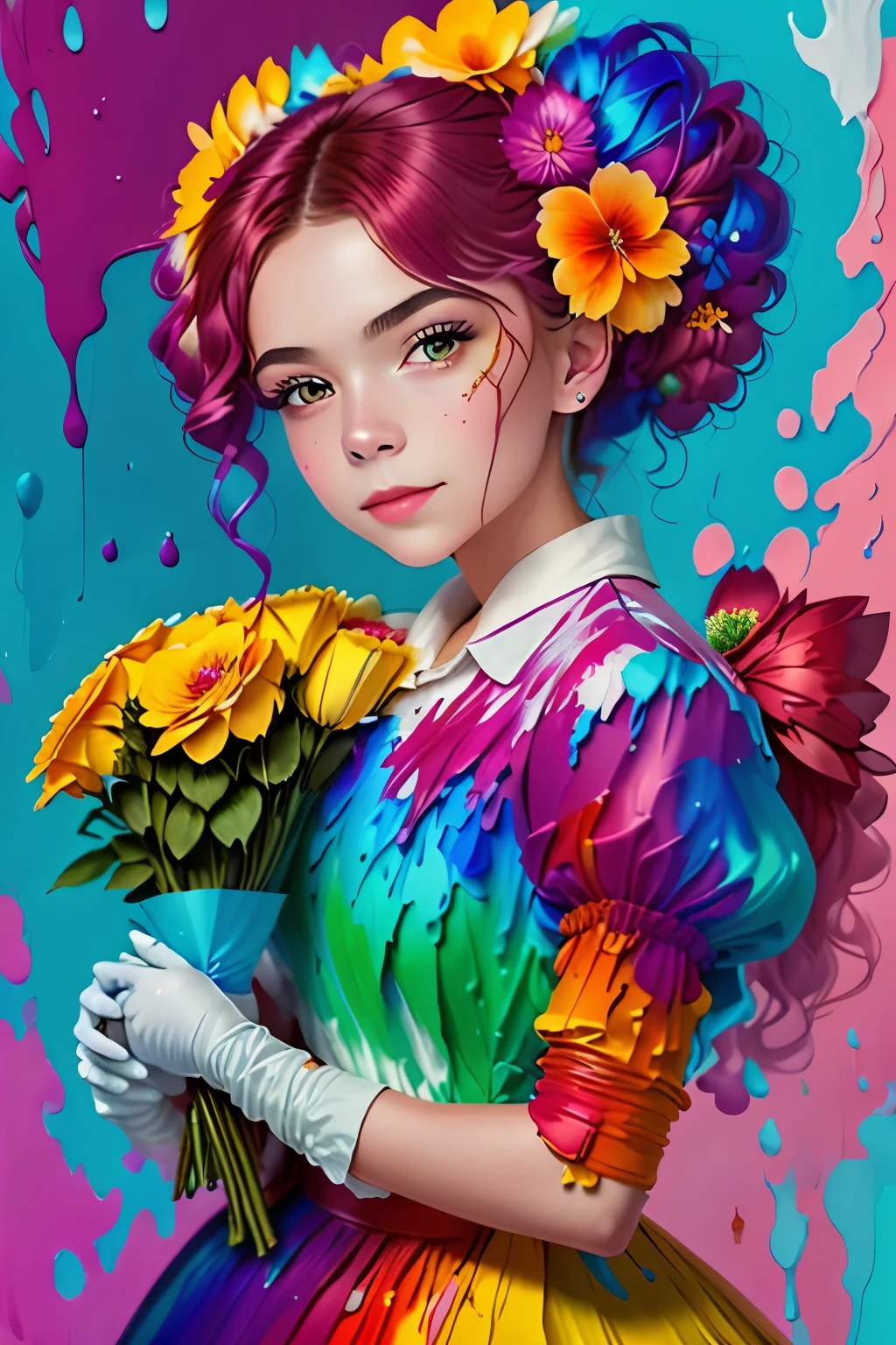 
Beautiful 19-year-old girl with a bouquet of flowers in her hands.! The magic of creating masterpieces of portrait art ! All paint colors, poured onto canvas, magically move and mix., turning into a stunningly beautiful portrait ! thick . bright and contrasting colors are simply amazing . our imagination is the creation of a masterpiece in the style of Alberto Seveso !!