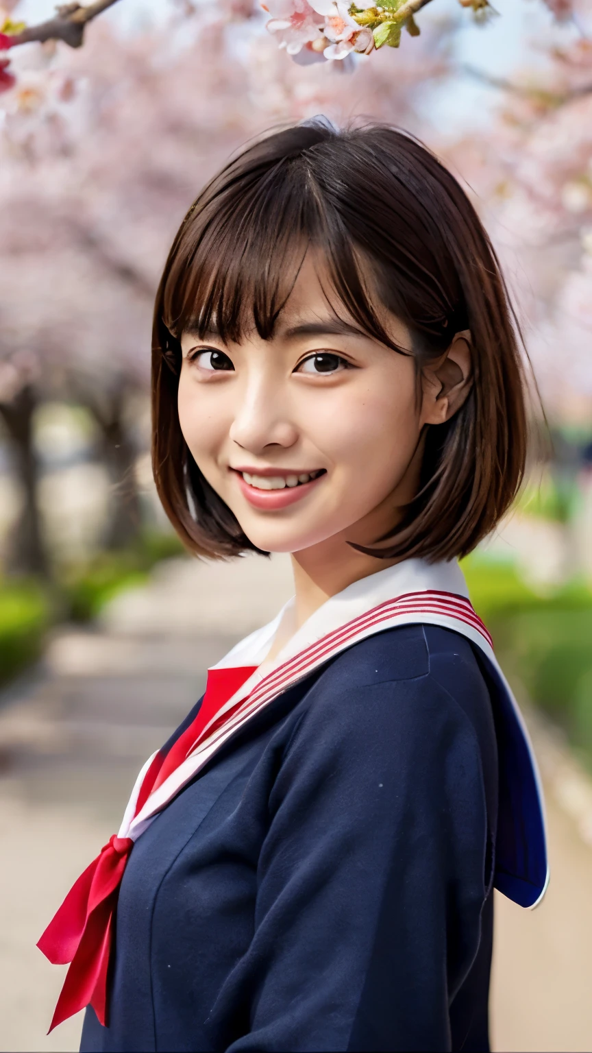 (((beautiful japanese high school girl))) 、1 person、short hair、(((At the cherry blossom trees in bloom)))、doing a sexy pose、(((Revealing red sailor suit)))、(((Glamour)))、((smile))、photorealistic、With a clearer image、beautiful detailed eyes、hyper realism、high contrast、Ultra HD、realistic skin texture、Highest image quality、highest quality、ultra high resolution、Finely detailed、very carefully
