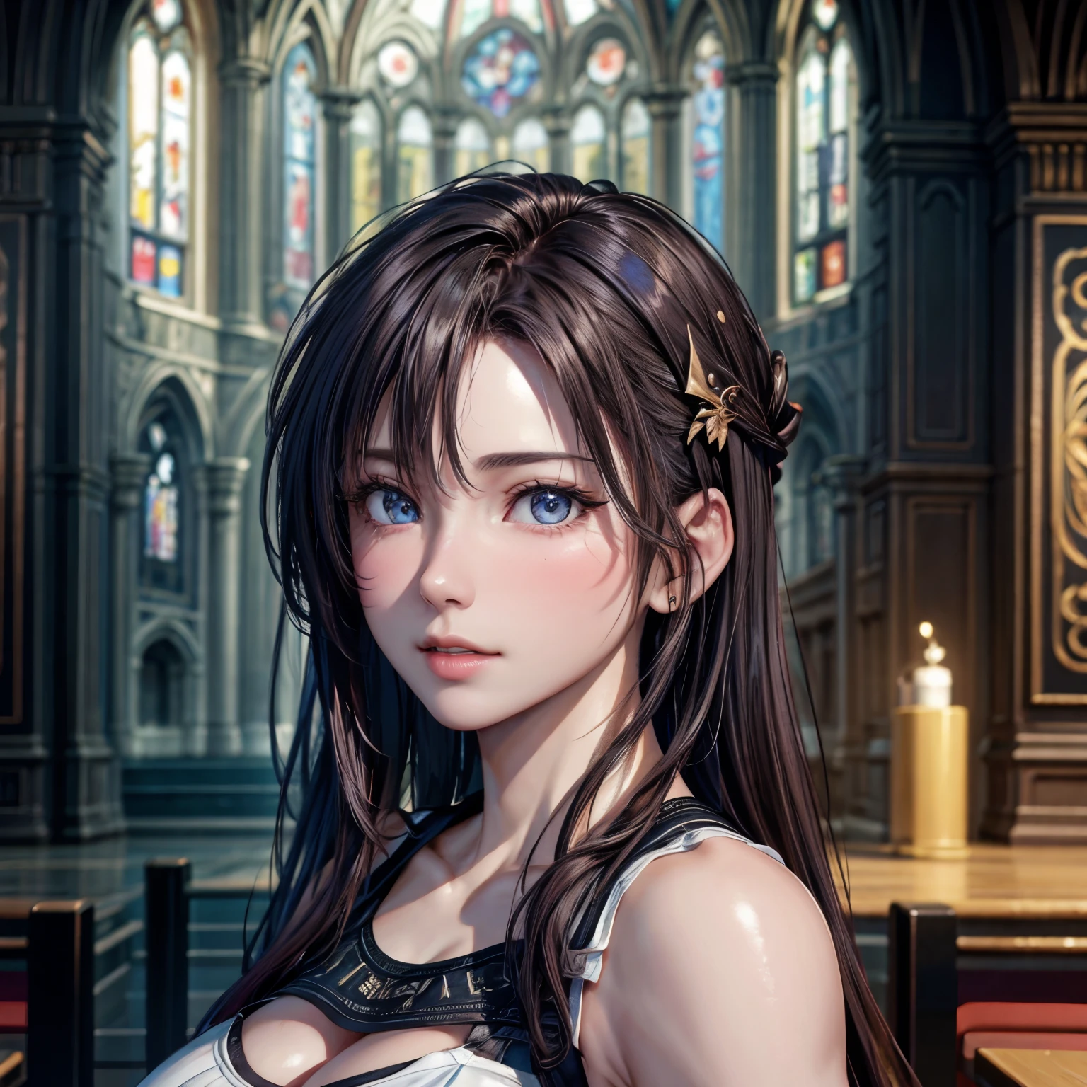 8k, highest quality, masterpiece, ultra high resolution, (realism: 1.4), original photo, (realistic skin texture: 1.3), (film grain: 1.3), (Selfie angle), 1 girl, beautiful eyes and face details, masterpiece, highest quality, close, Upper body, looking at the viewer,huge breasts,Hair is fluttering in the wind,A majestic church in the background