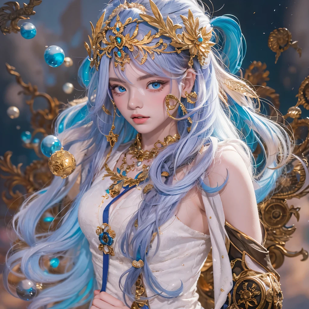 黄 blue colors,enamel,agate,A flesh-colored world,Blood Blue Maiden 32k(masterpiece,HD,Aoyama Pond,Ultra high quality,32k)long flowing bright blue hair,blood pool,Ziddink, a color,Grumpy (After greeting), (Linen scarf), fighting stance, looking at the ground, long white hair, Floating bright blue, Fire cloud gold headdress, Chinese long-sleeved gold silk burgundy garment, (Abstract metaverse splash:1.2), White background,Peony flower vitality protector(realistically:1.4),bright purple hair,Smoke on the road,The background is very pure, high resolution, detail, RAW photos, Sharp Re, Nikon D850 film photo by Jefferies Lee 4 Kodak Portra 400 camera F1.6 guns, colorful, Ultra-realistic and vivid textures, dramatic lighting, Unreal Engine Art Station Trend, Sinest 800,一个有着long flowing bright blue hair的女孩,huge colorful bubbles