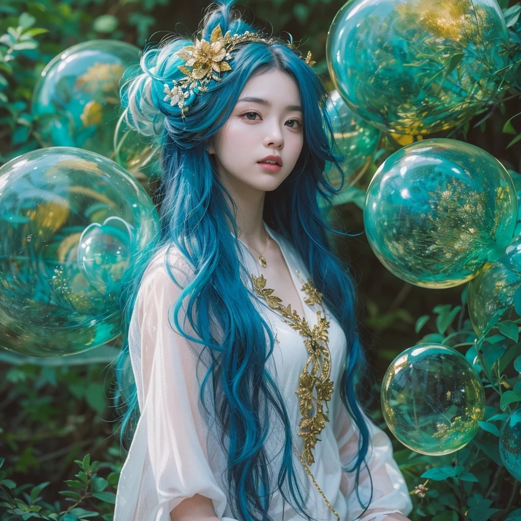 黄 blue colors,enamel,agate,A flesh-colored world,Blood Blue Maiden 32k(masterpiece,HD,Aoyama Pond,Ultra high quality,32k)long flowing bright blue hair,blood pool,Ziddink, a color,Grumpy (After greeting), (Linen scarf), fighting stance, looking at the ground, long white hair, Floating bright blue, Fire cloud gold headdress, Chinese long-sleeved gold silk burgundy garment, (Abstract metaverse splash:1.2), White background,Peony flower vitality protector(realistically:1.4),bright purple hair,Smoke on the road,The background is very pure, high resolution, detail, RAW photos, Sharp Re, Nikon D850 film photo by Jefferies Lee 4 Kodak Portra 400 camera F1.6 guns, colorful, Ultra-realistic and vivid textures, dramatic lighting, Unreal Engine Art Station Trend, Sinest 800,一个有着long flowing bright blue hair的女孩,huge colorful bubbles