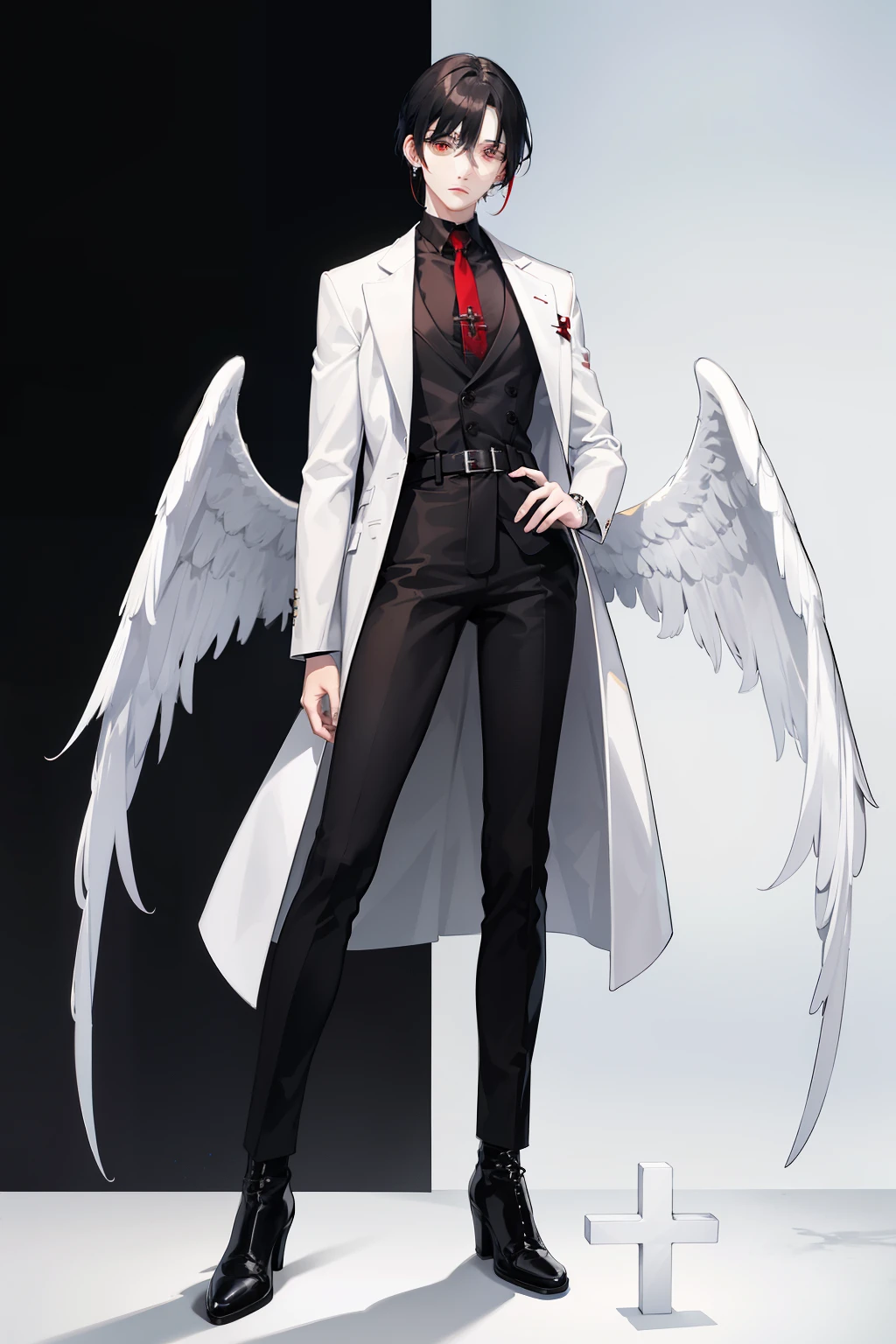 White skin，White skin，red eyes，black hair、industrial earrings，The Cross, short and detailed hair，amazing，to show，Best image quality，men，Hudatin boots，The Cross，The Cross，night scene，black interior，black pantsuit, white long coat, Angel Wings