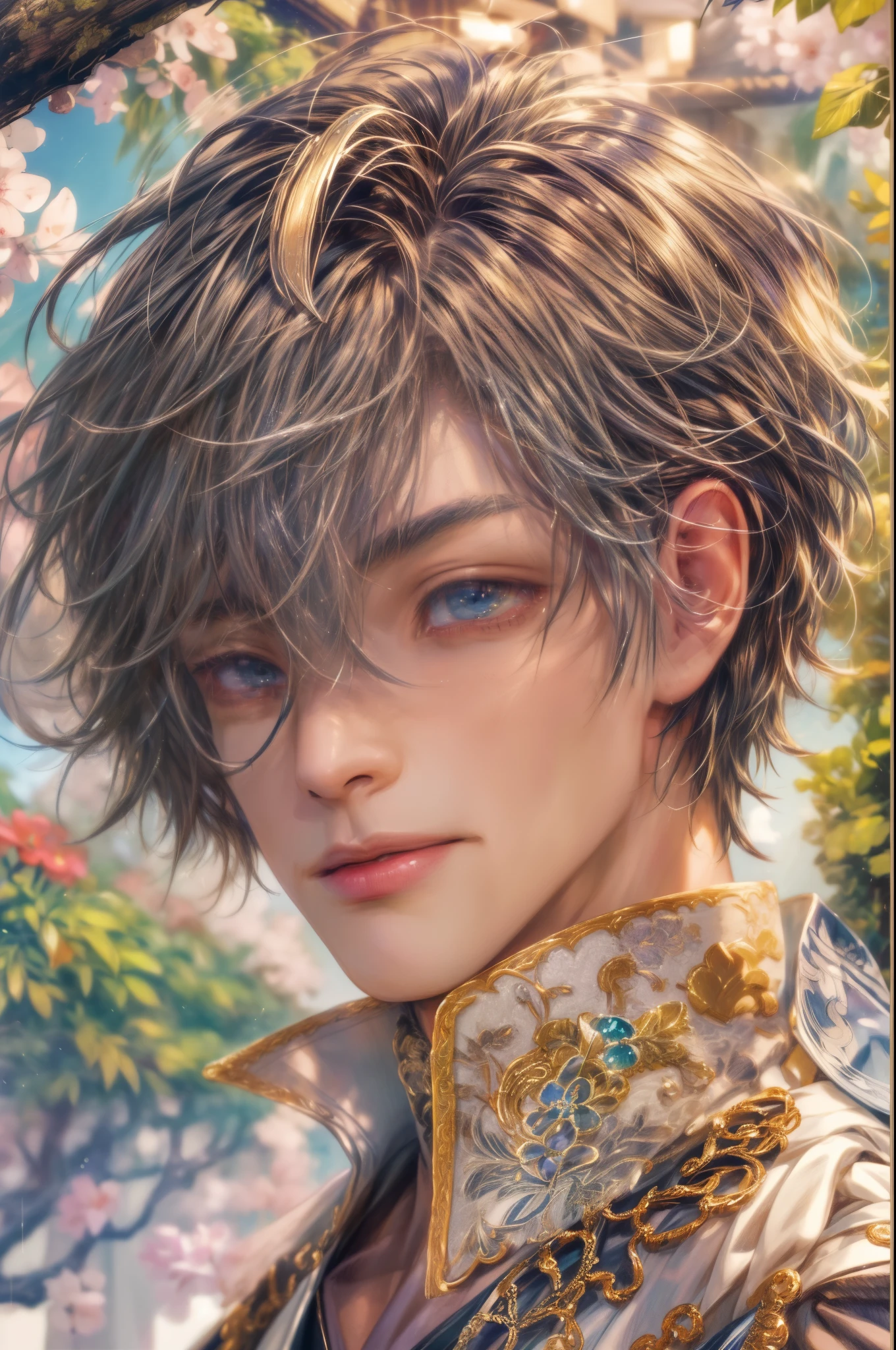 (absurdres, highres, ultra detailed, HDR), masterpiece, Intricate details,best quality picture of a character from Genshin Impact, manly face handsome teen boy with short Hair anime eyes, intricate details on face, brave look, in a detailed outside paradise sanctuary scenery, detailed character, art kenouji