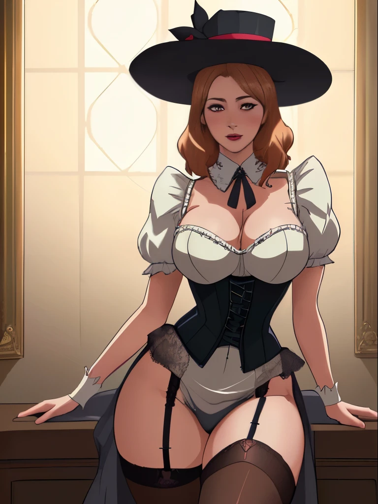 anime french woman,fluffy dress,lady's hat,silk stockings with garters,corset,(best quality,4k,8k,highres,masterpiece:1.2),ultra-detailed,realistic:1.37,portraits,vivid colors,soft lighting