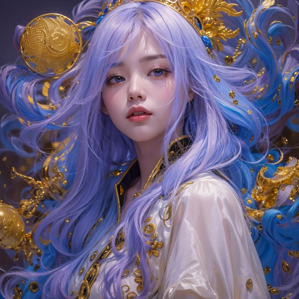 黄 blue colors，enamel，agate，A flesh-colored world，Blood Blue Maiden 32k（masterpiece，HD，Aoyama Pond，Ultra high quality，32k）long flowing bright blue hair，blood pool，Ziddink， a color，Grumpy （After greeting）， （Linen scarf）， fighting stance， looking at the ground， long white hair， Floating bright blue， Fire cloud gold headdress， Chinese long-sleeved gold silk burgundy garment， （Abstract metaverse splash：1.2）， White background，Peony flower vitality protector（realistically：1.4），bright purple hair，Smoke on the road，The background is very pure， high resolution， detail， RAW photos， Sharp Re， Nikon D850 film photo by Jefferies Lee 4 Kodak Portra 400 camera F1.6 guns, colorful, Ultra-realistic and vivid textures, dramatic lighting, Unreal Engine Art Station Trend, Sinest 800，一个有着long flowing bright blue hair的女孩，huge colorful bubbles