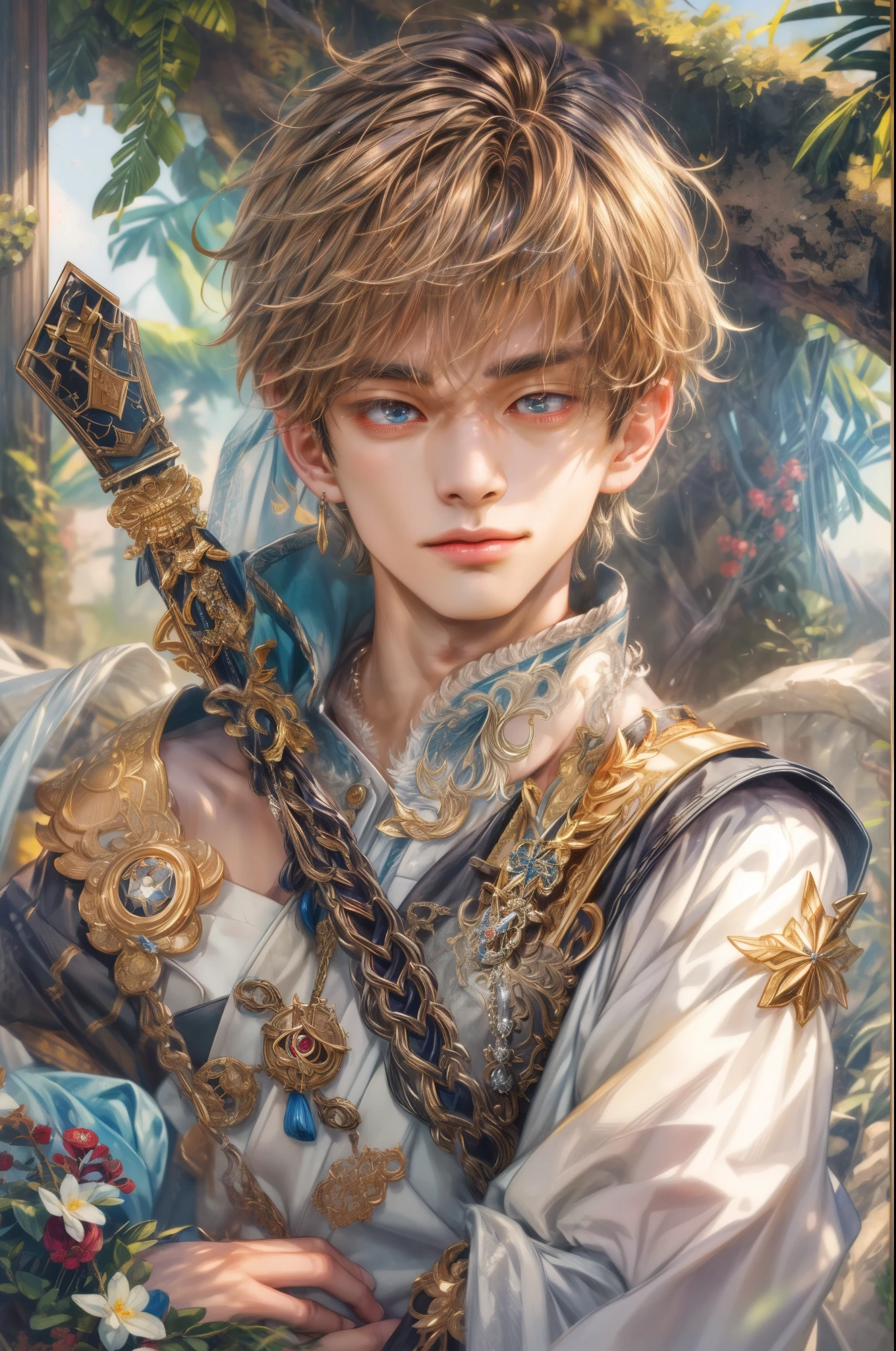 (absurdres, highres, ultra detailed, HDR), masterpiece, Intricate details,best quality picture of a character from Genshin Impact, manly face handsome teen boy with short Hair anime eyes, intricate details on face, brave look, in a detailed outside paradise sanctuary scenery, detailed character, art kenouji