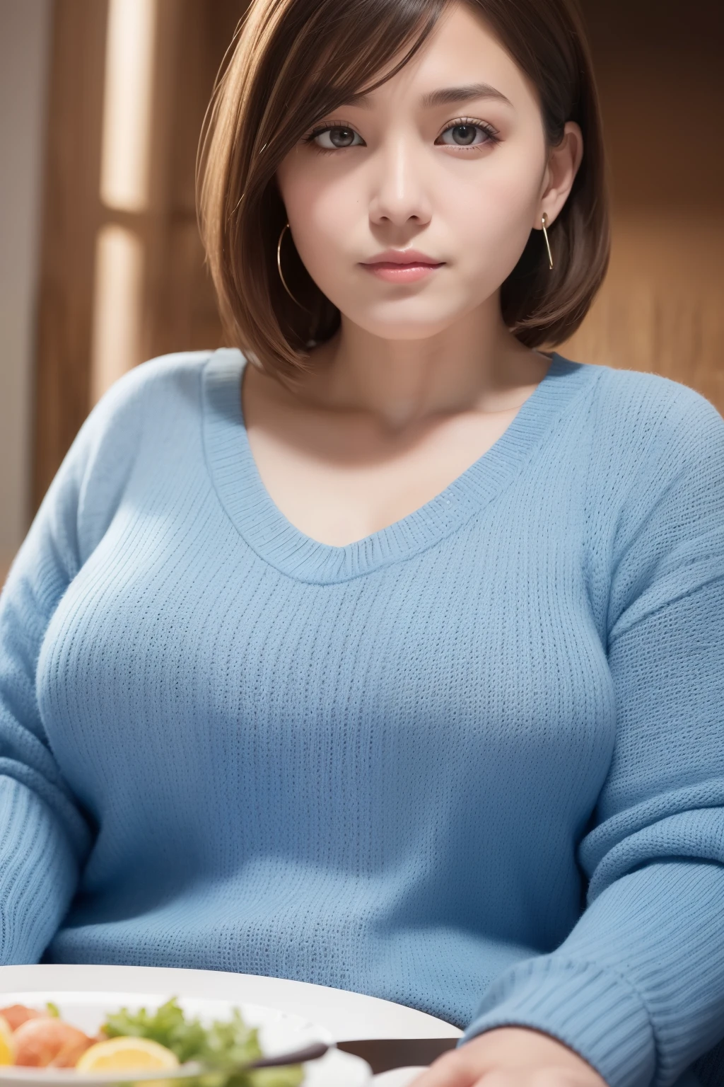 table top, highest quality, Photoreal, finely, High resolution, 8K paint wall, perfect dynamic composition, detailed and beautiful eyes, Chubby adult woman in light knitwear, look at the audience