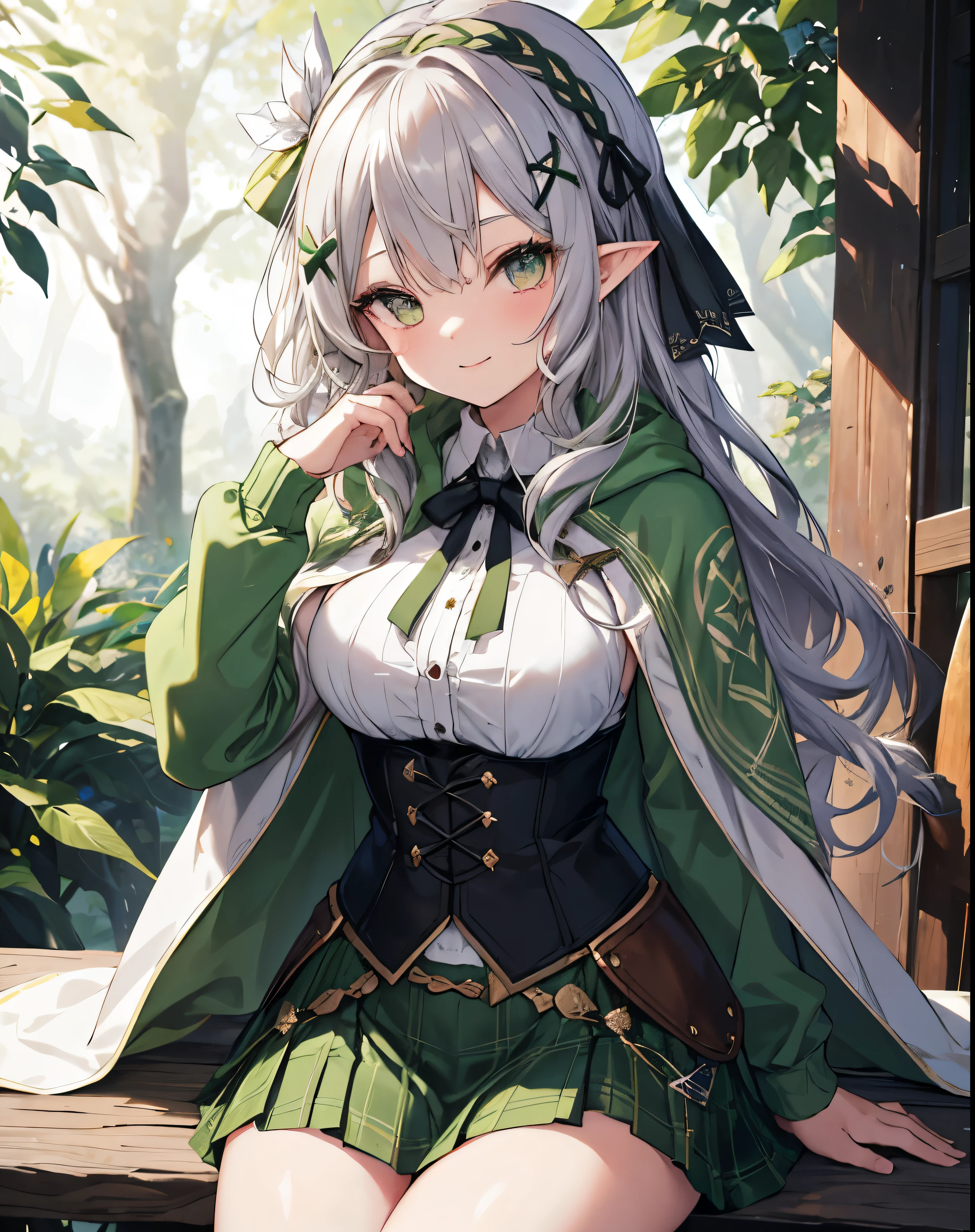 masterpiece,1girl, sparrow, a silver haired girl, wearing a medieval celtic villager clothes, curly long hair, messy hair, green skirt, short green capelet with hoody, slim body, medium breasts, she close her left eye, shirt ornament, lolippai, hair ribbon, seductive smile, beautiful breasts, rounded breasts, crimson eyes, pleated skirt, plaid skirt, she is the green hood girl, she sit in the forest, pointy ears, 