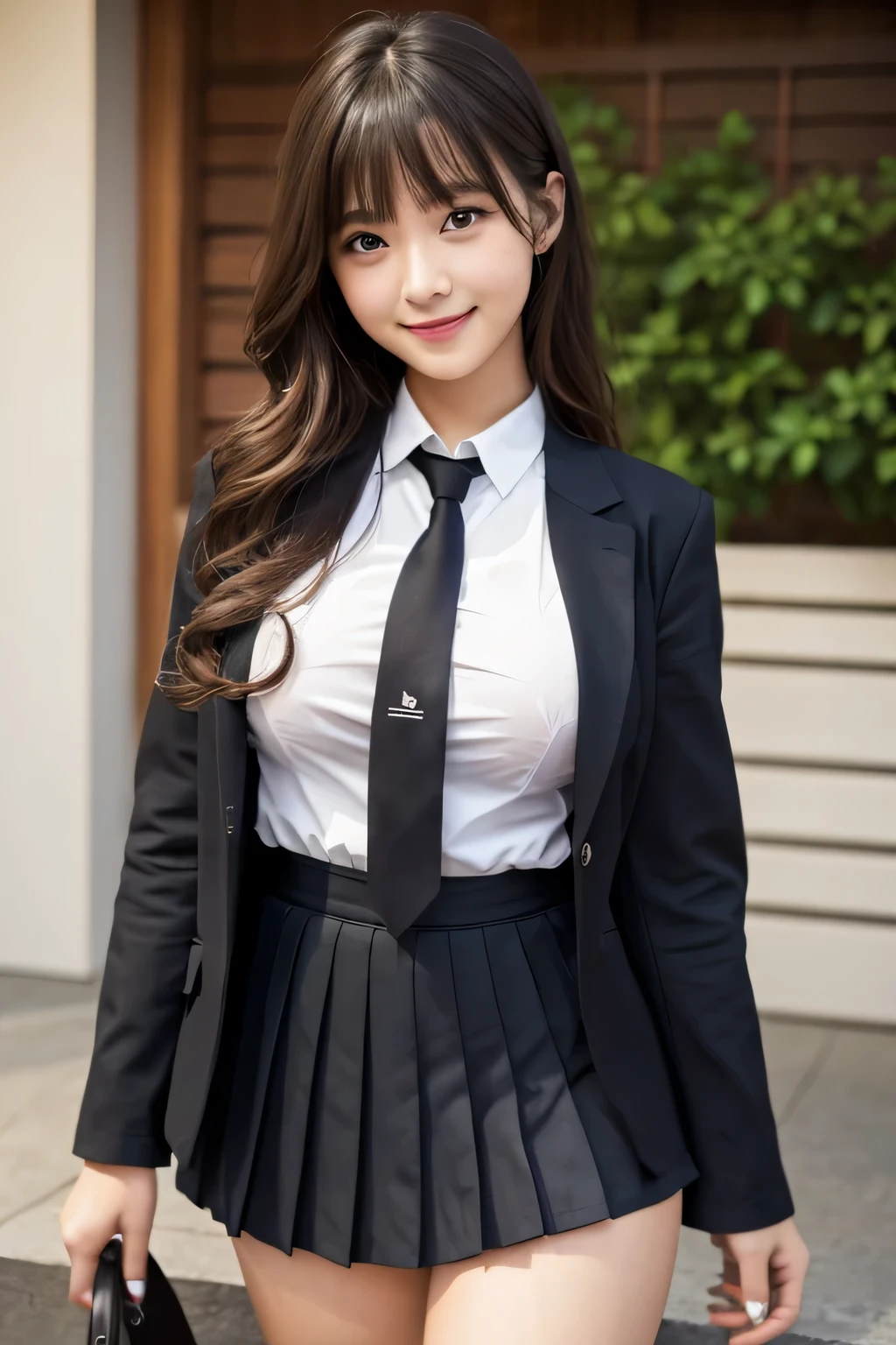 8k, highest quality, real image, intricate details, Super detailed, ultra high resolution, depth field,(realistic,realistic:1.2), 1 Japanese girl, very beautiful 17 year old girl, Big eyes, beautiful breasts:1.5、highly detailed eyes:1.2), (beautiful breasts:1.1), (small breasts:1.5), wavy hair、curly hair、bangs, perfect skin, Fair skin, huge hips, thick thighs, thick legs, tight waist, light blush, alone, looking at the viewer, (smile:1.4), ((School_uniform),(black blazer:1.1), (white shirt、wear a tie), (black pleated skirt:1.1), (sculpture installation :1.1)