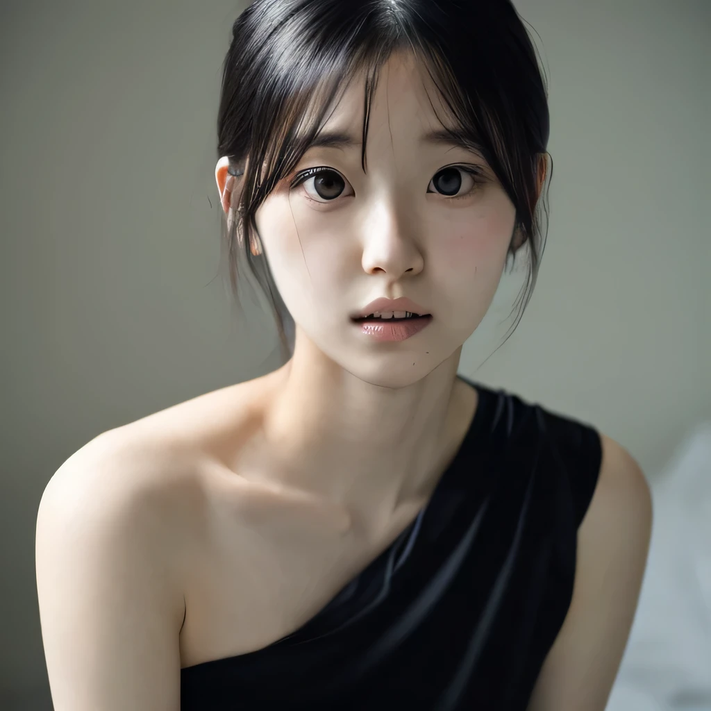 1 Japanese female, one-shot, Big eyes, big black eyes, double, shortcut, Emphasis on the clavicle, black hair, no makeup, young white skin, broad shoulders,