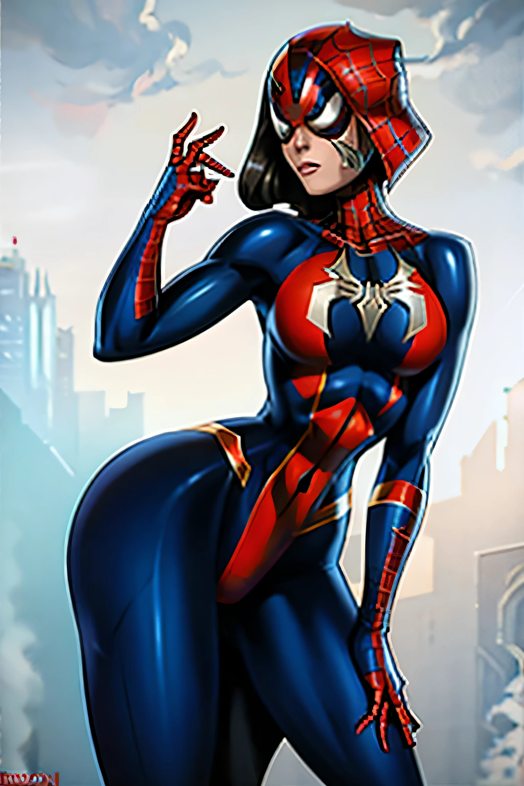 Mulher bonita, com um corpo escultural e muito tonificado, vestindo roupas do Homem Aranha, roupas que se ajustam bem ao corpo dela, marcando suas curvas
