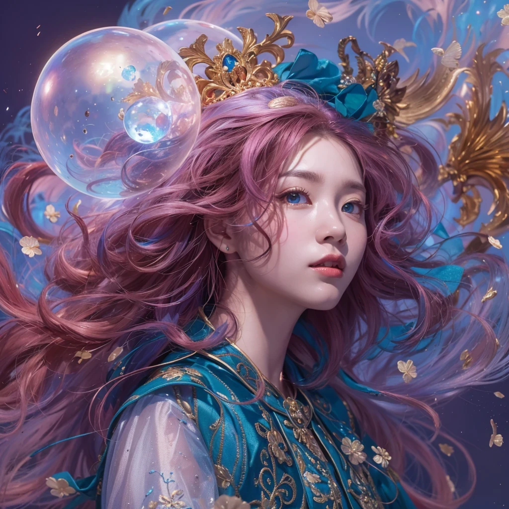 黄 blue colors,enamel,agate,A flesh-colored world,Blood Blue Maiden 32k(masterpiece,HD,Aoyama Pond,Ultra high quality,32k)long flowing bright blue hair,blood pool,Ziddink, a color,Grumpy (After greeting), (Linen scarf), fighting stance, looking at the ground, long white hair, Floating bright blue, Fire cloud gold headdress, Chinese long-sleeved gold silk burgundy garment, (Abstract metaverse splash:1.2), White background,Peony flower vitality protector(realistically:1.4),bright purple hair,Smoke on the road,The background is very pure, high resolution, detail, RAW photos, Sharp Re, Nikon D850 film photo by Jefferies Lee 4 Kodak Portra 400 camera F1.6 guns, colorful, Ultra-realistic and vivid textures, dramatic lighting, Unreal Engine Art Station Trend, Sinest 800,一个有着long flowing bright blue hair的女孩,huge colorful bubbles