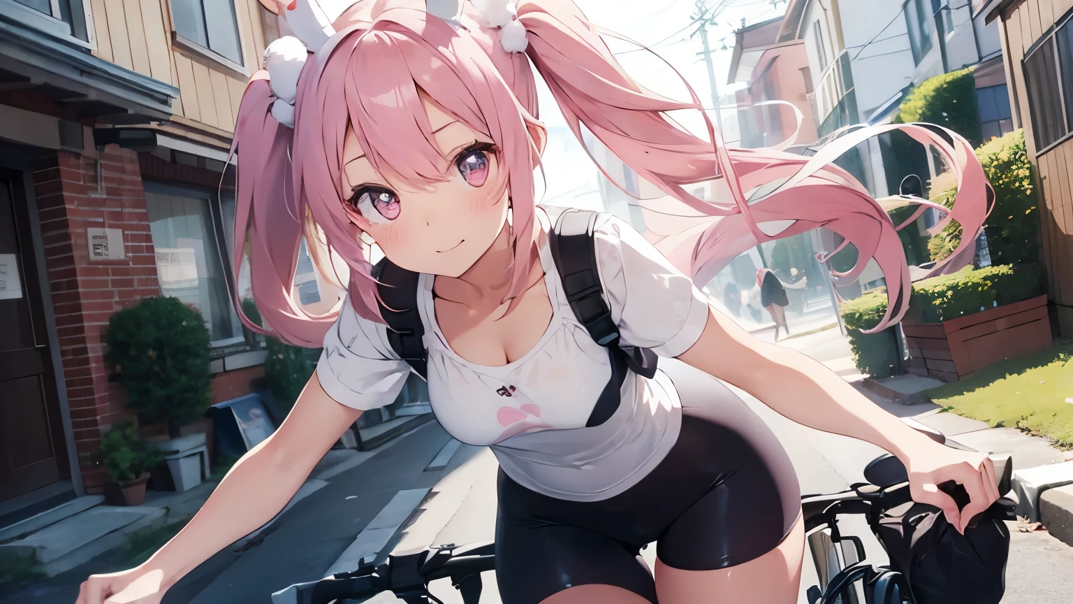 (Highest quality,8k,32K,masterpiece,Ultra-high resolution :1.2 ),born,one person,Super cute,Natural light,Clear, shining eyes,20-year-old,Fair skin,Bike touring electronic world fantasy background,Pink Hair,Small breasts,In underwear,Good,bike,Bike helmet,Twin tails,Small height,Motor bike,Full Face Helmets,Riding a bike,mini skirt,Skirt too short,Feeling embarrassed,A little angry,In underwear,bra,The skin is protruding