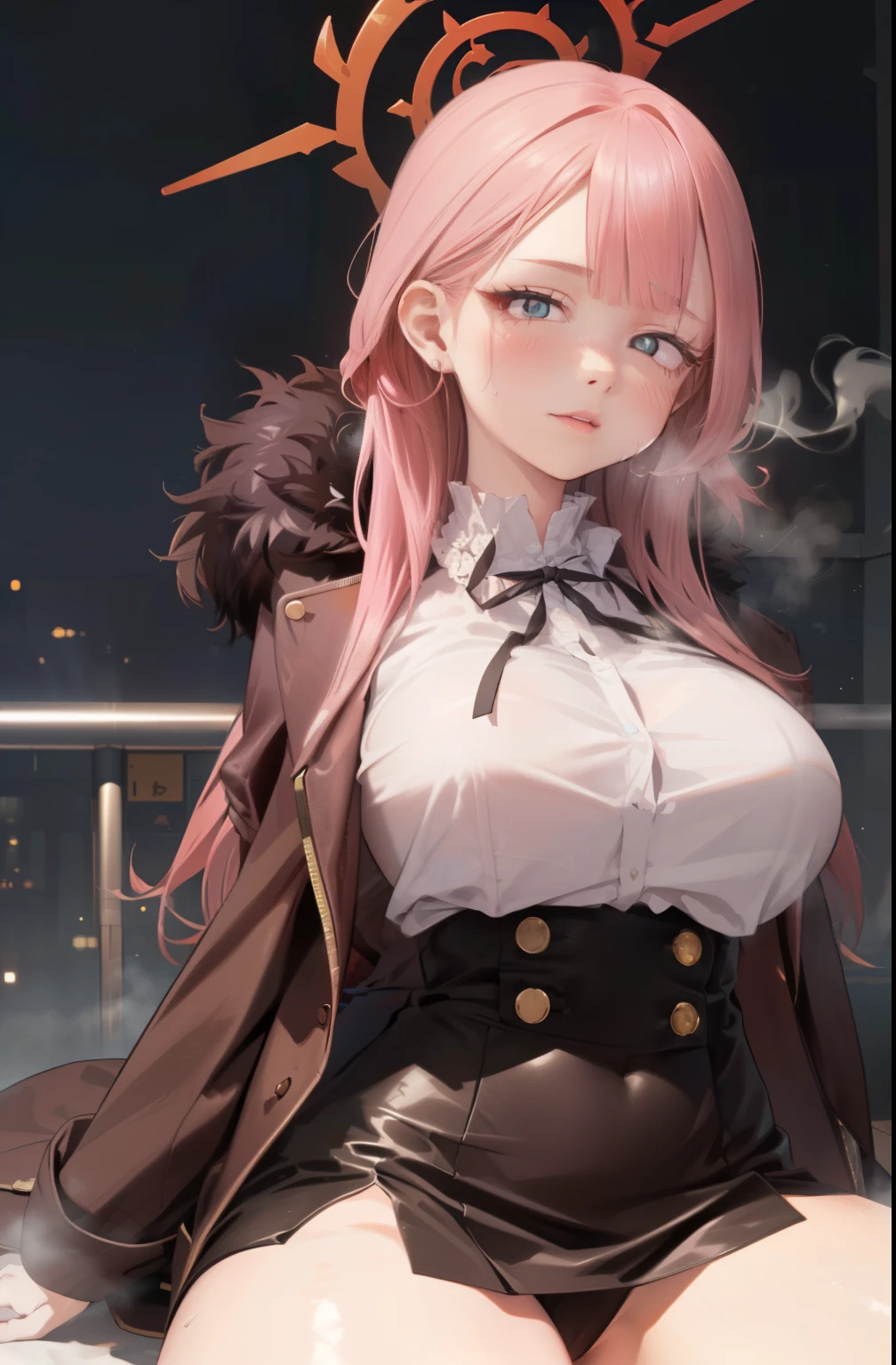 ((masterpiece、high quality、High resolution、4K, 8K, Blue archive official art、live-action)),detailed person、detailed face、detailed eyes、fine eyes、 (dripping sweat、oil skin,sparkling skin、realistic skin texture、detailed beautiful skin、shiny skin, big breasts、beautiful thighs, mature pretty woman、transparent eyes、sexy、(slender body and limbs,), (random pose) , ((clear eyes、double eyelid、big breasts))、((character : Karin Kakudate Blue Archive))、ぶら下がるbig breastsがシャツから見える、brown coat with fur、night scenery、night room、dark、lights out、grayscale:27、full of embarrassment、blush、bright red face、shy、((slender、beautiful feet、low length))、standing pose、((steam,sweat,wat))、(black leather high waist slit skirt、spread legs),((white of eyes:1.8, shocked face:1.8, comical))