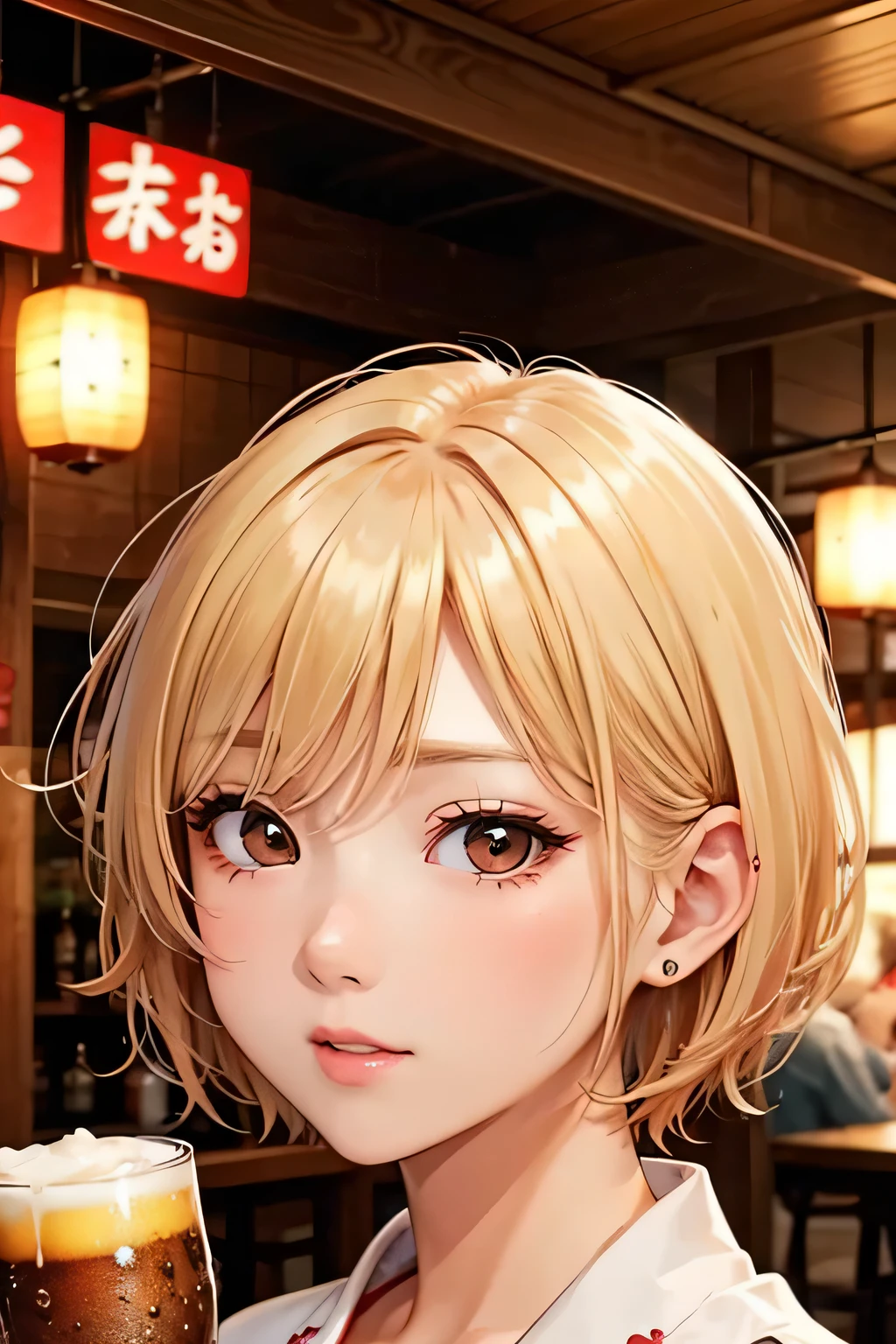 close up of face、face is red、blonde、short hair、girl１、Izakaya、Beer   