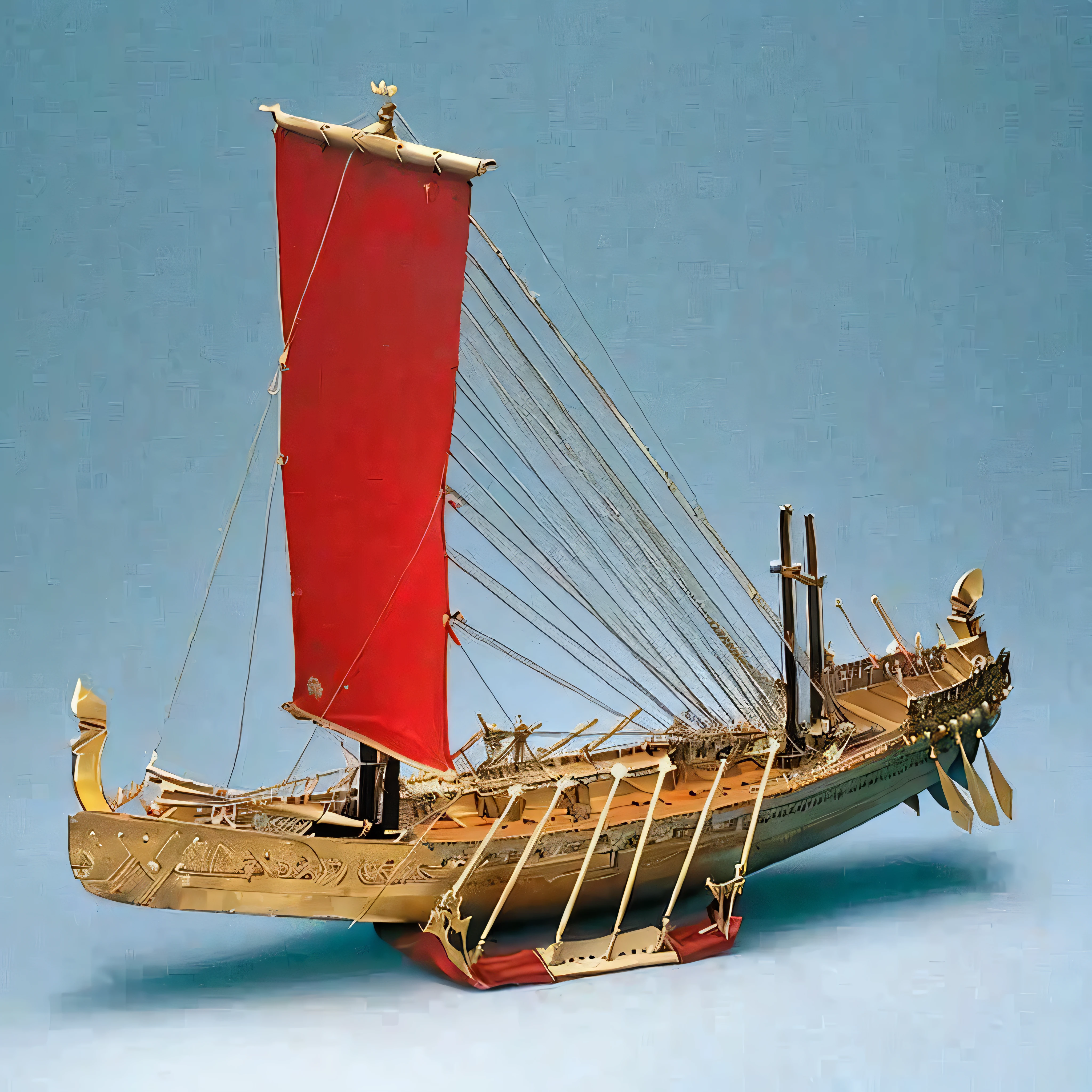 a close up of a model of a ship with a red sail, an ancient greek trireme, trireme, viking ship, Orissa with beautiful details., model, model set, viking, Outstanding details, Stern is like Athena.., 4 0 0 BC, arcane style viking battleship, Zenobia, 3rd century BC, scene!!, ship