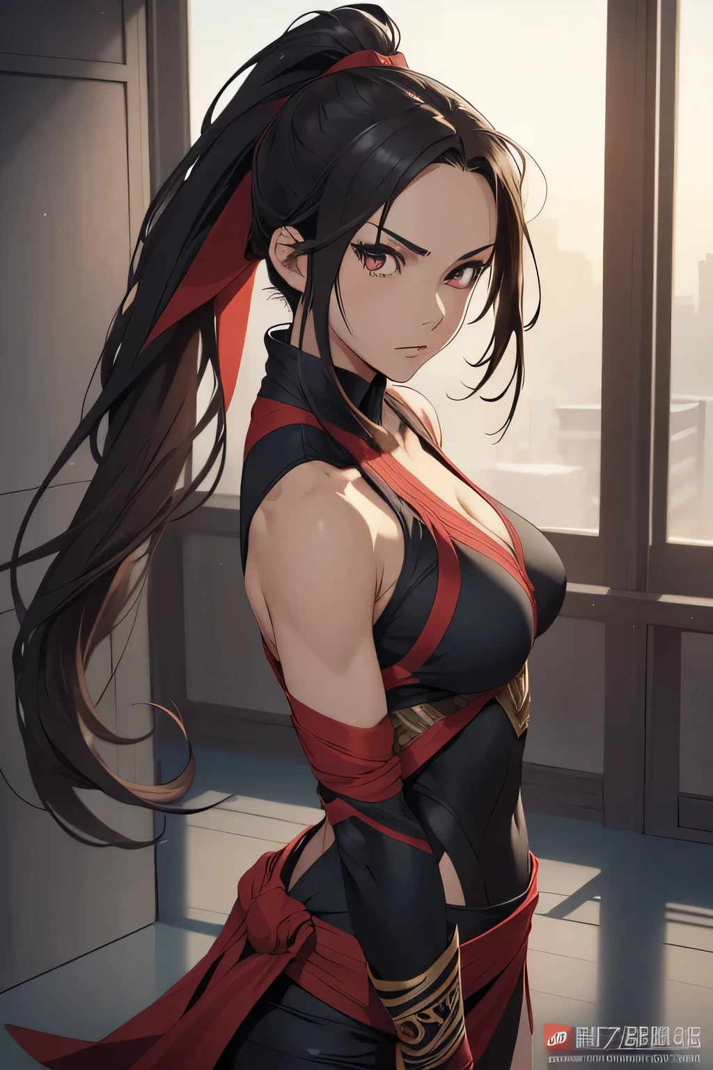 1 kunoichi, fair skin, long dark hair, ponytail, brown eyes, ((detailed eyes:1.2)), medium breasts, wearing superhero costume, sexy, sensual, open back, sleeveless, masterpiece, top quality, best quality, official art, beautiful and aesthetic:1.2), extreme detailed, colorful, highest detailed