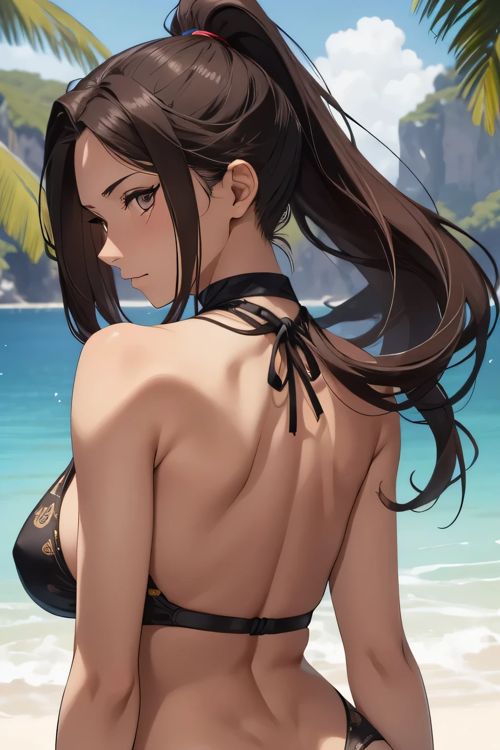 1 beautiful woman, fair skin, long dark hair, ponytail, brown eyes, ((detailed eyes:1.2)), medium breasts, wearing slingshot bikini, sexy, sensual, open back, sleeveless, masterpiece, top quality, best quality, official art, beautiful and aesthetic:1.2), extreme detailed, colorful, highest detailed