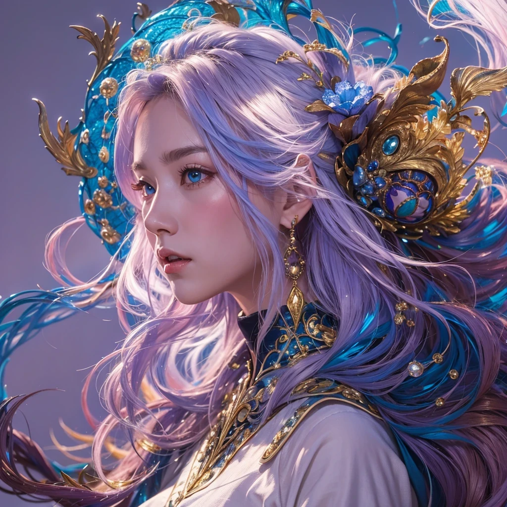 黄 blue colors，enamel，agate，A flesh-colored world，Blood Blue Maiden 32k（masterpiece，HD，Aoyama Pond，Ultra high quality，32k）long flowing bright blue hair，blood pool，Ziddink， a color，Grumpy （After greeting）， （Linen scarf）， fighting stance， looking at the ground， long white hair， Floating bright blue， Fire cloud gold headdress， Chinese long-sleeved gold silk burgundy garment， （Abstract metaverse splash：1.2）， White background，Peony flower vitality protector（realistically：1.4），bright purple hair，Smoke on the road，The background is very pure， high resolution， detail， RAW photos， Sharp Re， Nikon D850 film photo by Jefferies Lee 4 Kodak Portra 400 camera F1.6 guns, colorful, Ultra-realistic and vivid textures, dramatic lighting, Unreal Engine Art Station Trend, Sinest 800，一个有着long flowing bright blue hair的女孩，huge colorful bubbles