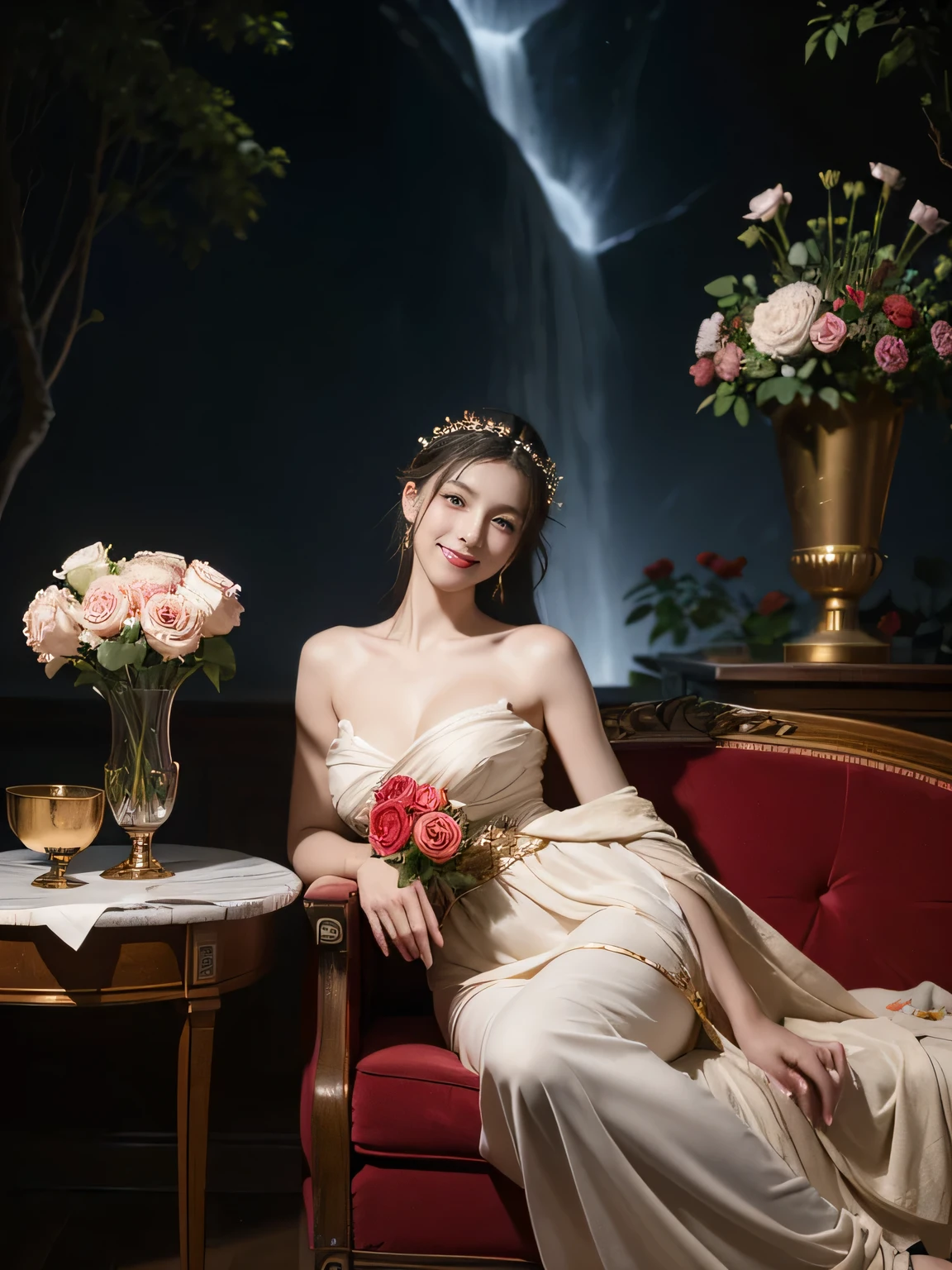 jack=Louis David's painting style,Discussion between two female philosophers,math、astronomical machine、astronaut、roses in vase、fruit、Cute trinkets、smile、ancient greek costume、The background is a forest lake at night 、Clothes that stretch your shoulders、A big smile、beautiful bare skin、A detailed representation of the seducing woman throughout her body..