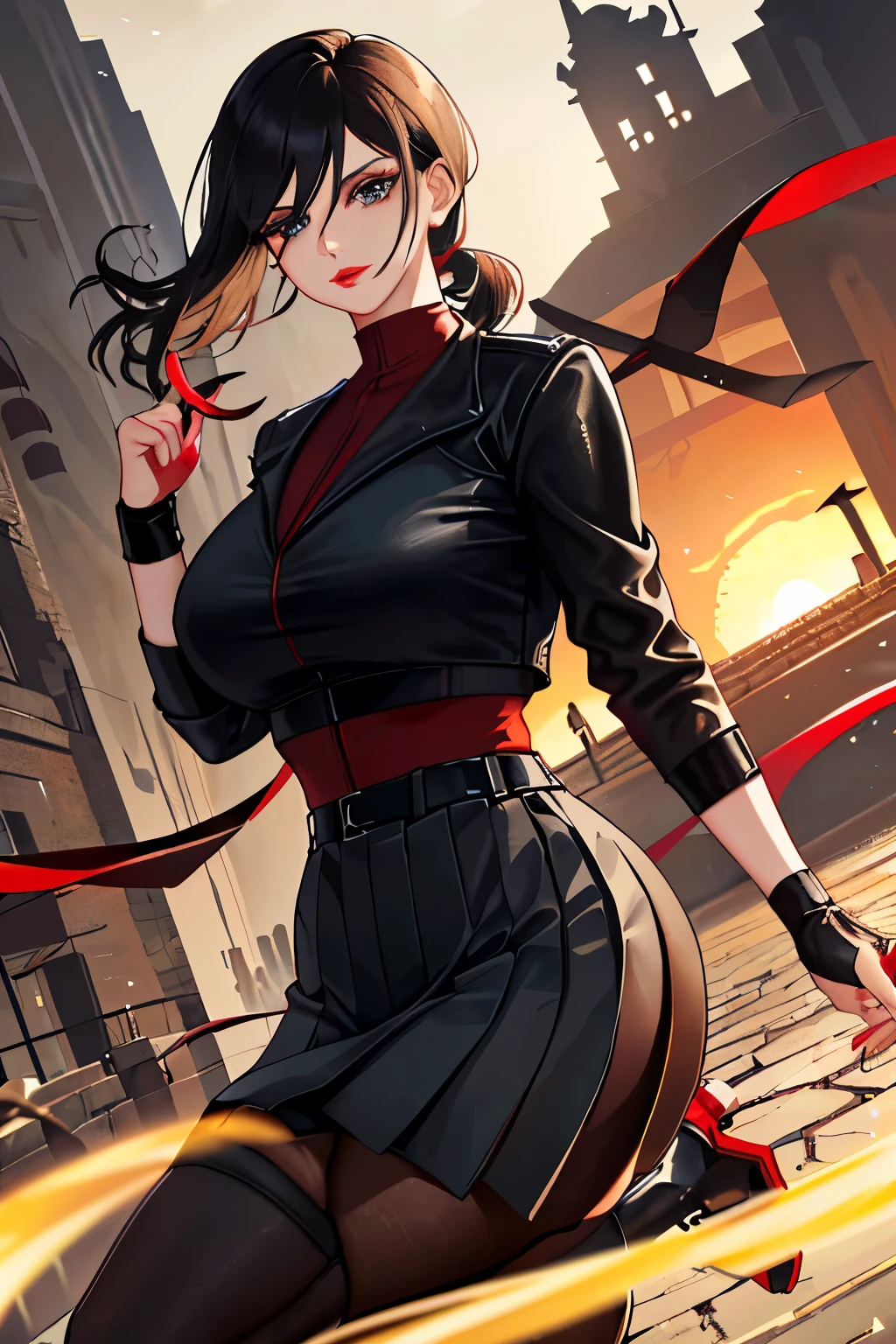blonde woman,long coat,mini skirt,Rear view,silhouette,sexy body,red forest,Red Moon,Red Night,