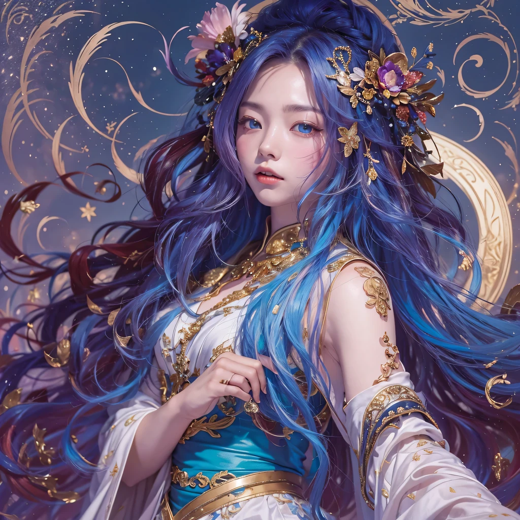 黄 blue colors，enamel，agate，A flesh-colored world，Blood Blue Maiden 32k（masterpiece，HD，Aoyama Pond，Ultra high quality，32k）long flowing bright blue hair，blood pool，Ziddink， a color，Grumpy （After greeting）， （Linen scarf）， fighting stance， looking at the ground， long white hair， Floating bright blue， Fire cloud gold headdress， Chinese long-sleeved gold silk burgundy garment， （Abstract metaverse splash：1.2）， White background，Peony flower vitality protector（realistically：1.4），bright purple hair，Smoke on the road，The background is very pure， high resolution， detail， RAW photos， Sharp Re， Nikon D850 film photo by Jefferies Lee 4 Kodak Portra 400 camera F1.6 guns, colorful, Ultra-realistic and vivid textures, dramatic lighting, Unreal Engine Art Station Trend, Sinest 800，一个有着long flowing bright blue hair的女孩，huge colorful bubbles