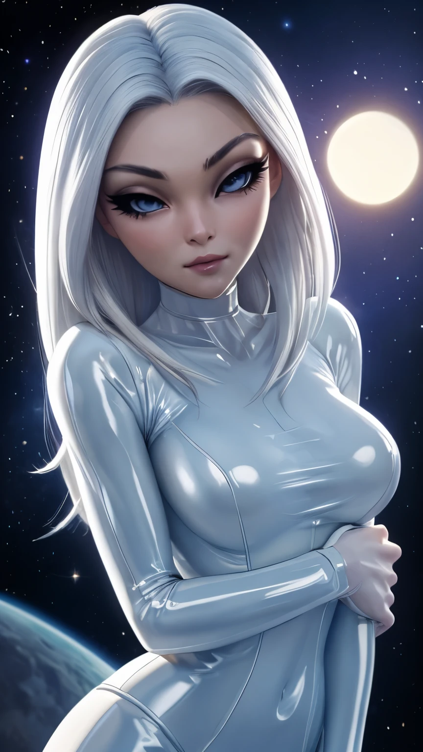 ((ultra quality)), ((Masterpiece)), alien girl, short stature, ((White hair)), (Beautiful face), (beautiful female lips), (), charming, ((Innocent expression)), looking at the camera smiling softly, eyes closed a little, (Skin color white), (White skin), glare on the body, ((detailed beautiful female eyes)), ((white eyes)), (juicy female lips), (white eyeliner), (beautiful female hands), ((Ideal female figure)), Ideal female body, beautiful waist, beautiful hips, small breasts, ((subtle and beautiful)), stands temptingly, (dressed in white latex) background: on the moon in space, ((depth of field)), ((high quality clear image)), (clear details), ((High detail)), realistically, professional photo session, ((Clear Focus))