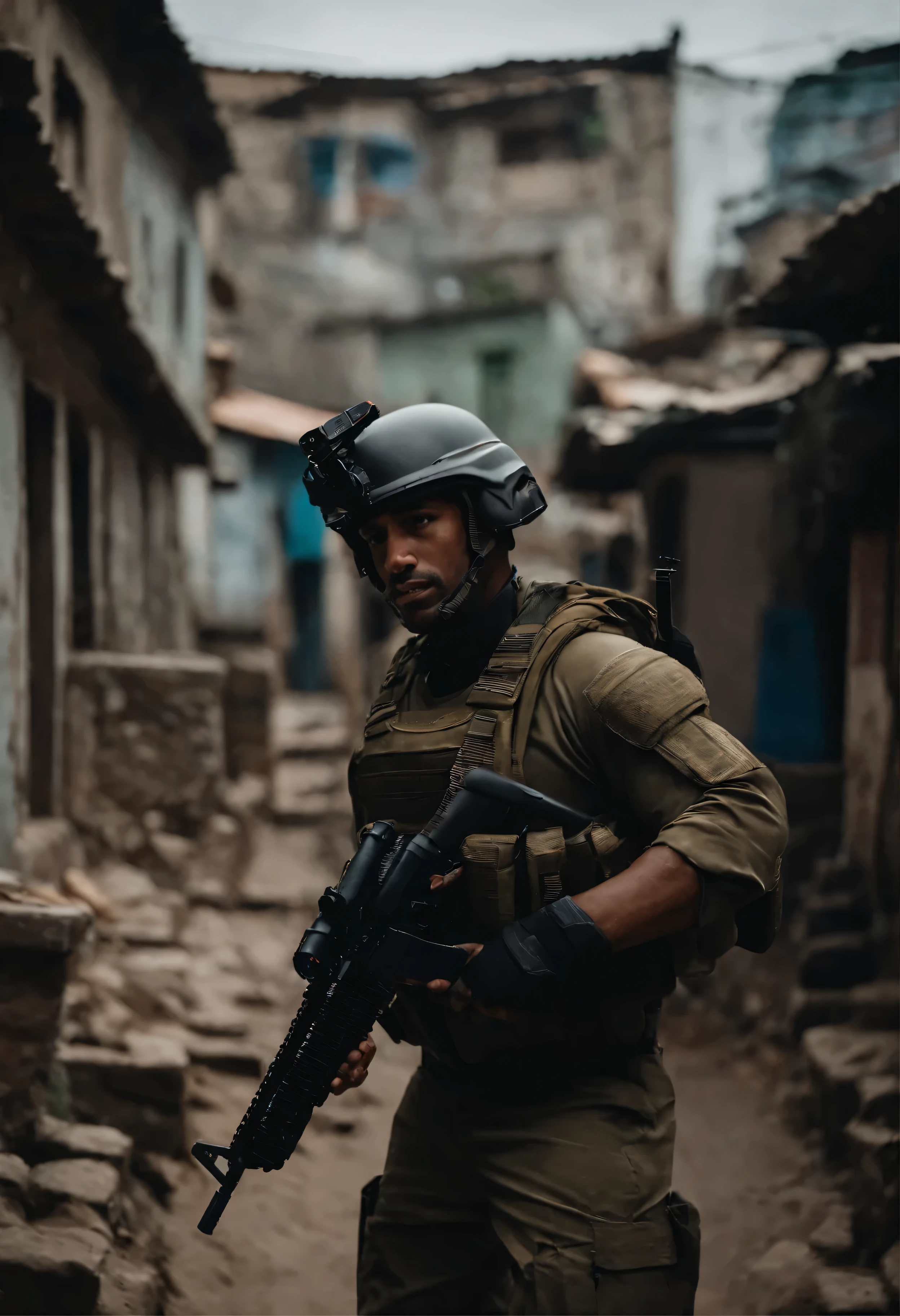 a spartan soldier invading a brazilian favela, photorealistic, taken using the Canon EOS R camera with a 50mm f/1.8 lens, f/2.2 aperture, shutter speed 1/200s, ISO 100 and natural light, Full Body, Hyper Realistic Photography, Cinema, Cinema, Hyperdetail, UHD, Color Correction, hdr, color grading, hyper realistic CG animation --air 4:5 --upbeta --q 2 --v 5,  d