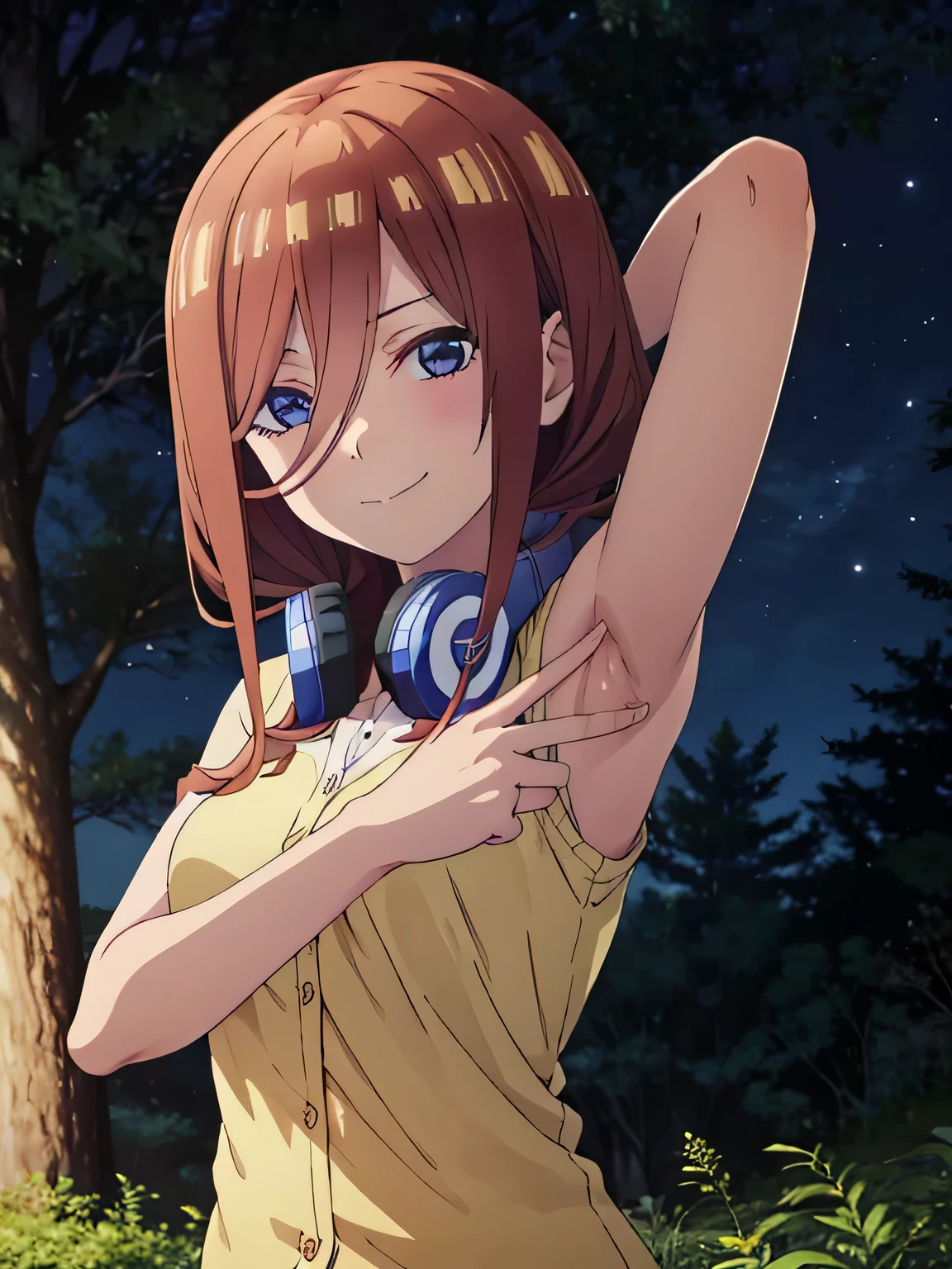 solo, 1girl, looking at viewer, 2D, anime, anime coloring, high quality, closed mouth, solo, upper body, night sky, forest, arms behind head, contrapposto, shy smile, spread armpits, miku nakano, cardigan, headphones around neck, looking at viewer, smile